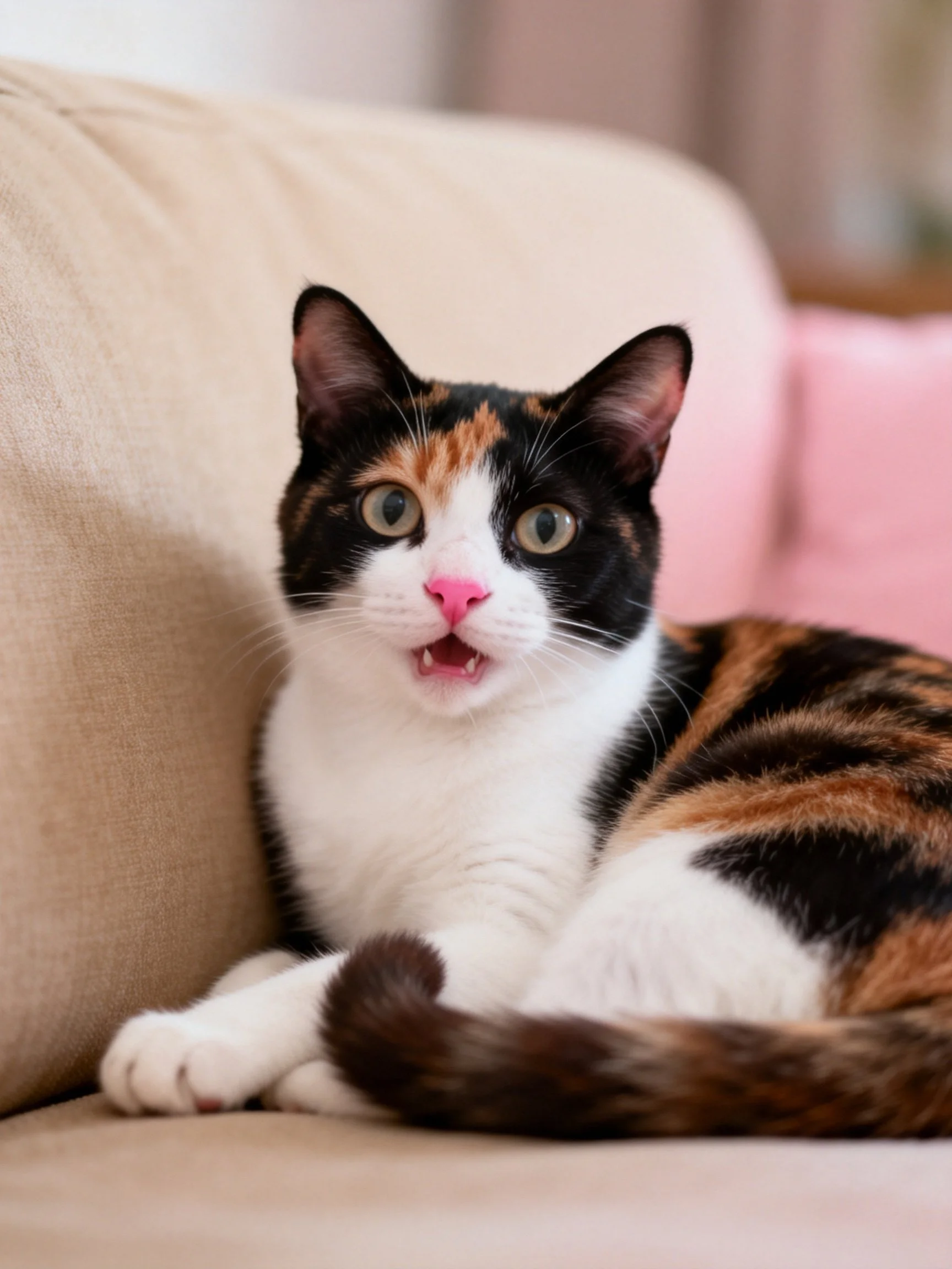 Calico cat relaxing on beige sofa near pink cushion