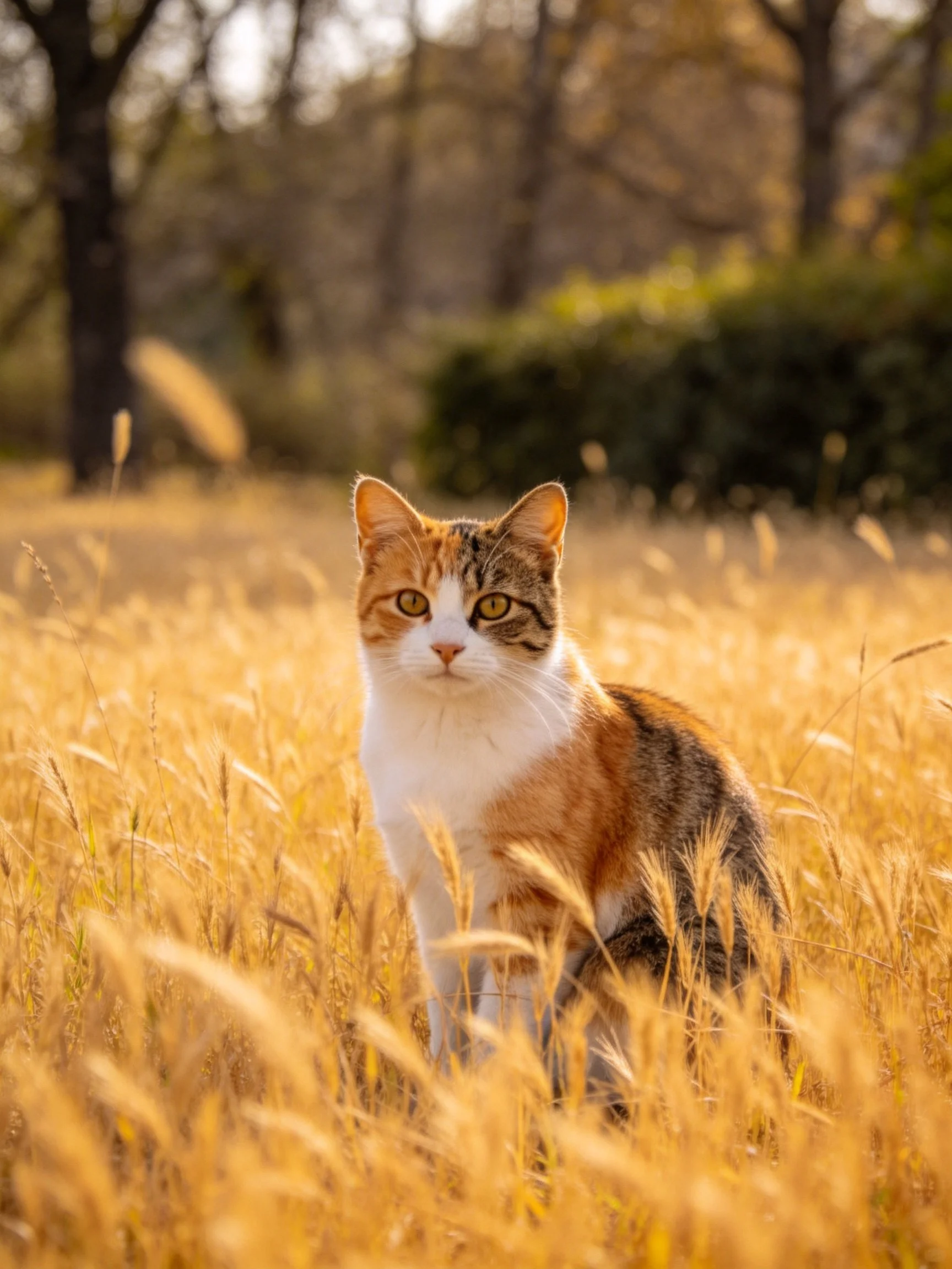 Calico cat resting in golden grassy field