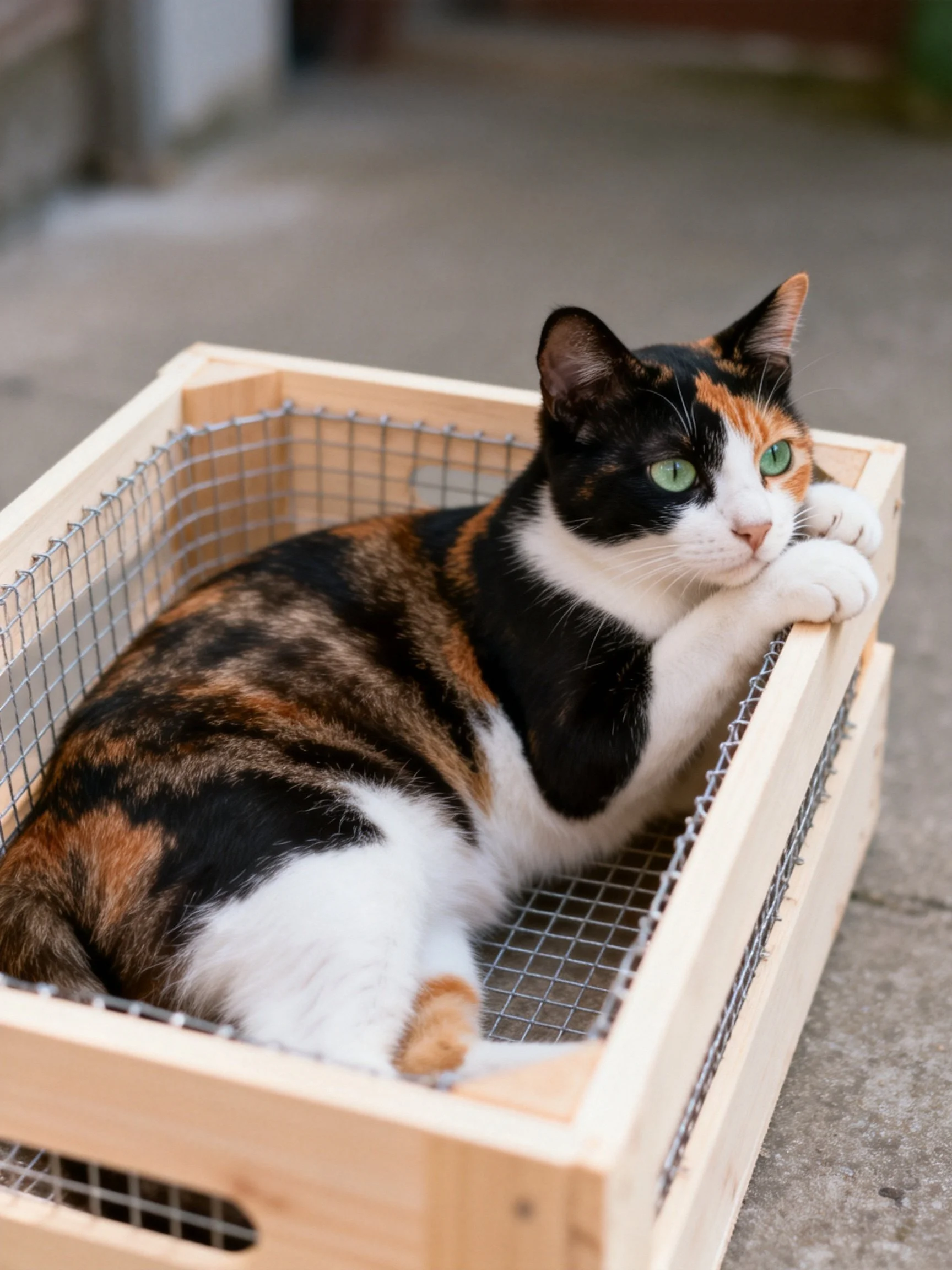 A calico cat relaxes in a wire-framed wooden container.