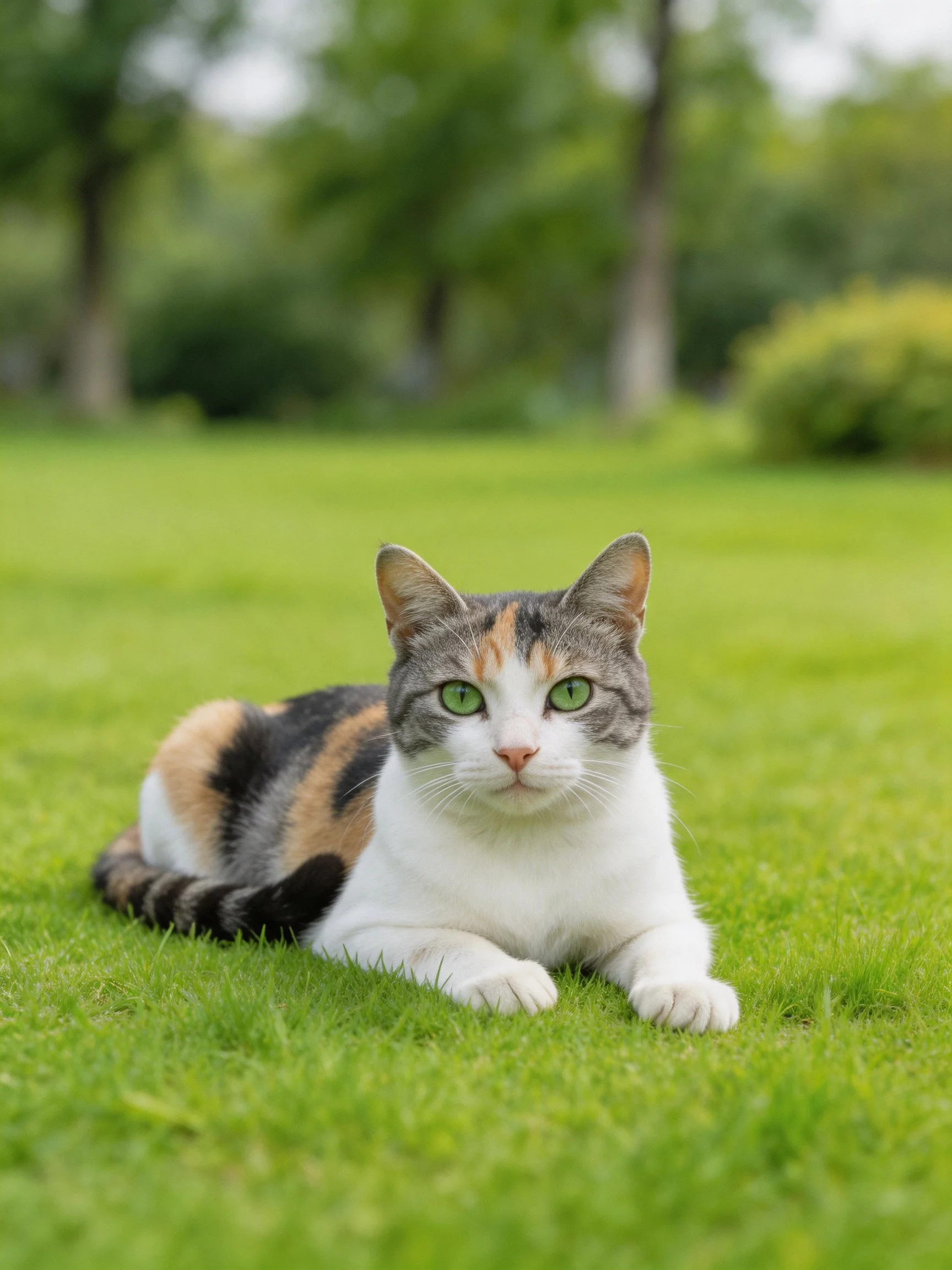 A calico cat rests on green grass with trees in the background.