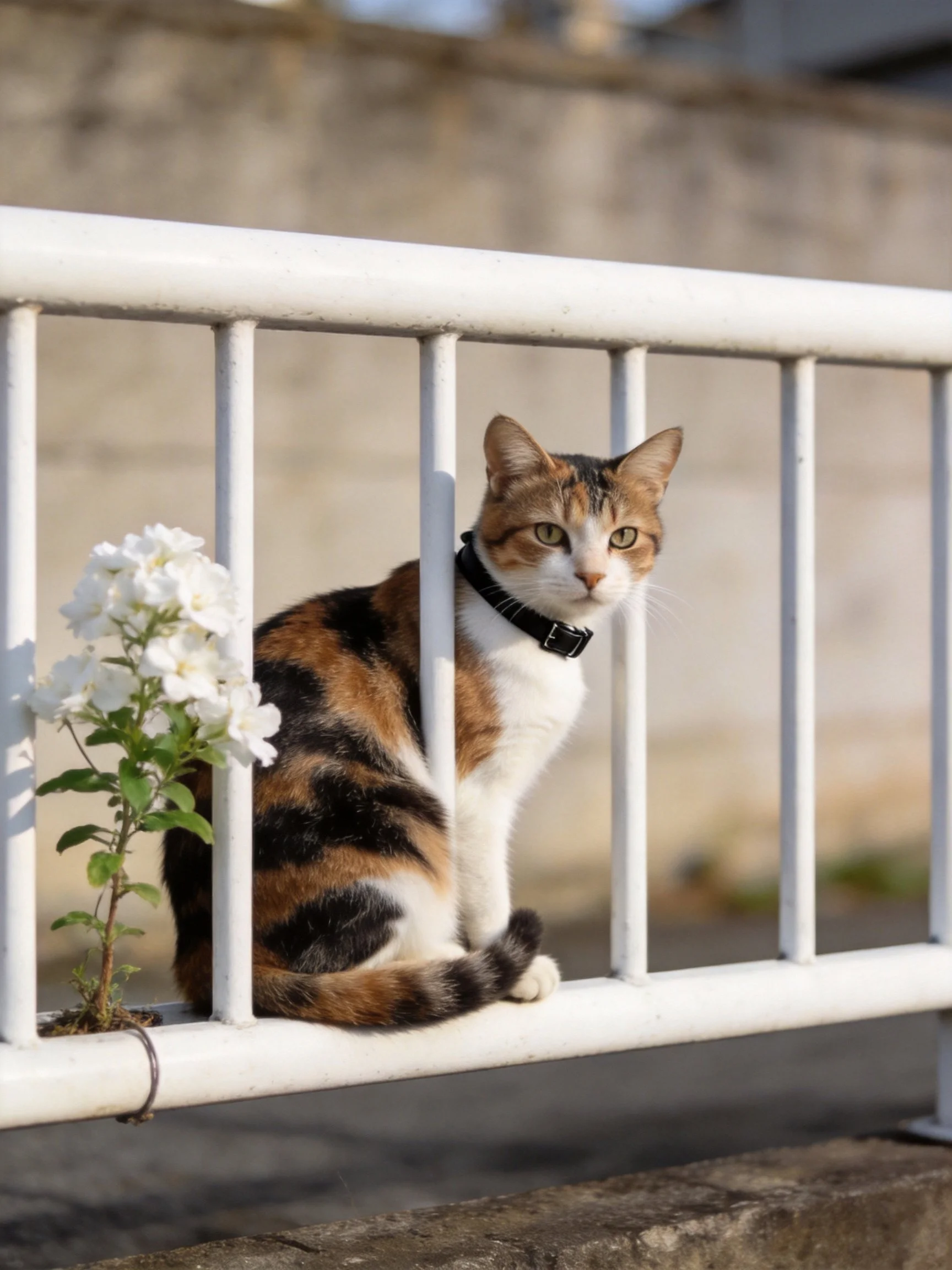 Calico cat rests by white railings beside blooming white flowers