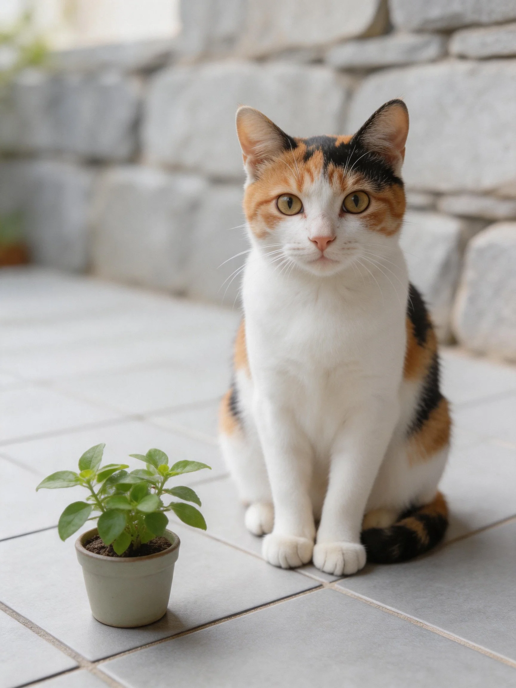 Calico cat sits beside small potted plant on tiled patio