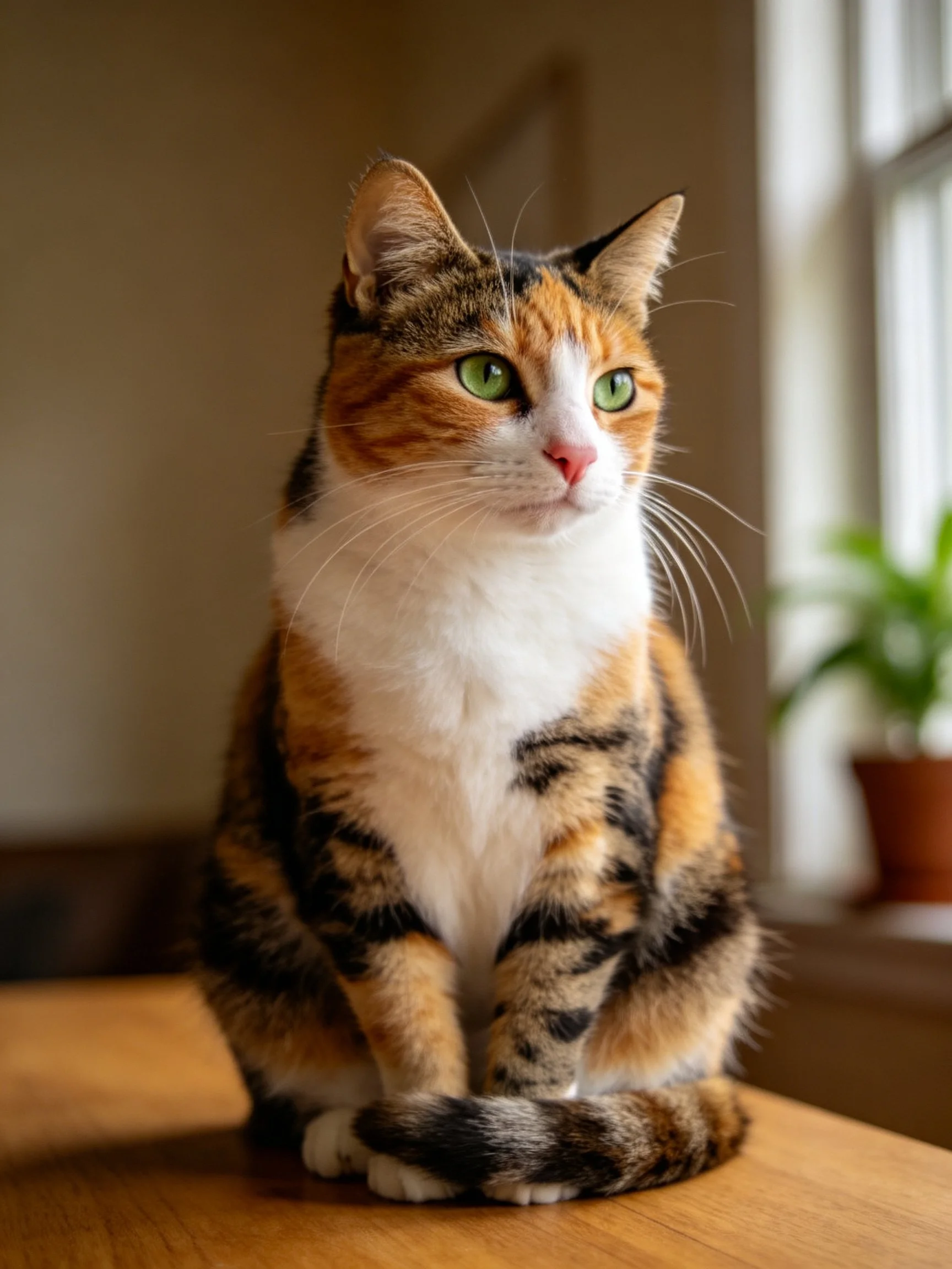 Calico cat sits on wooden table by sunlit window