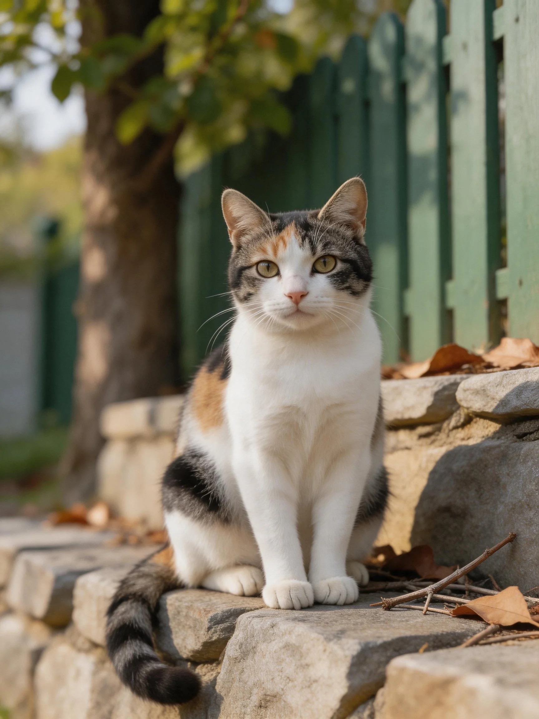 Calico cat sitting on stone steps near green fence