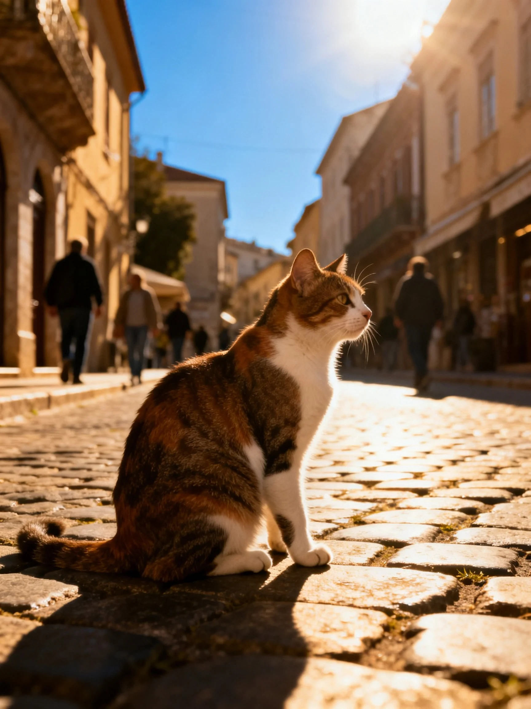 Calico cat sitting on sun-drenched cobblestone street