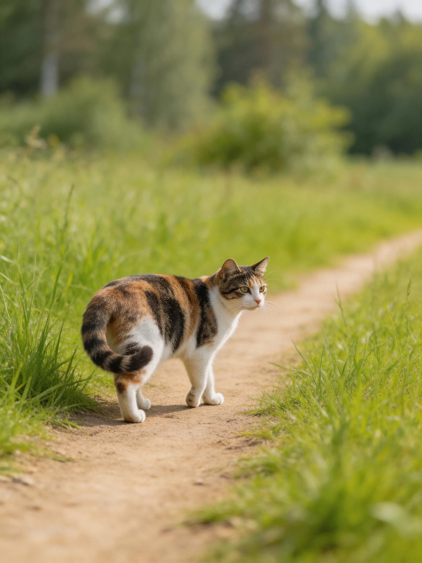 Calico cat traverses sunlit dirt path near tall grass