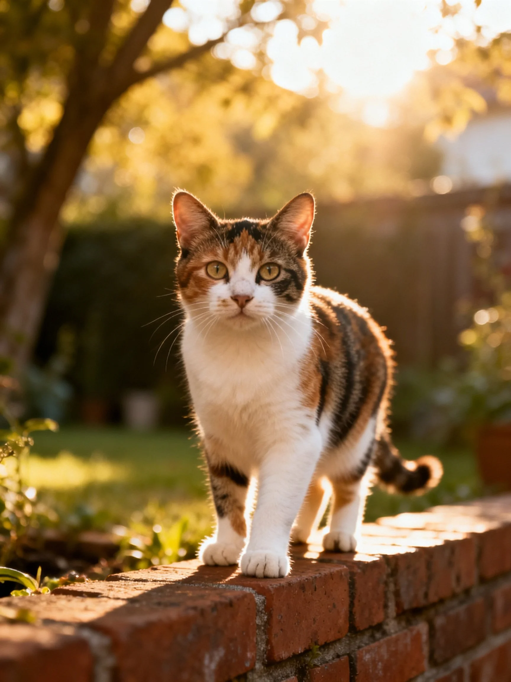 Calico cat walks along brick wall in sunlit garden