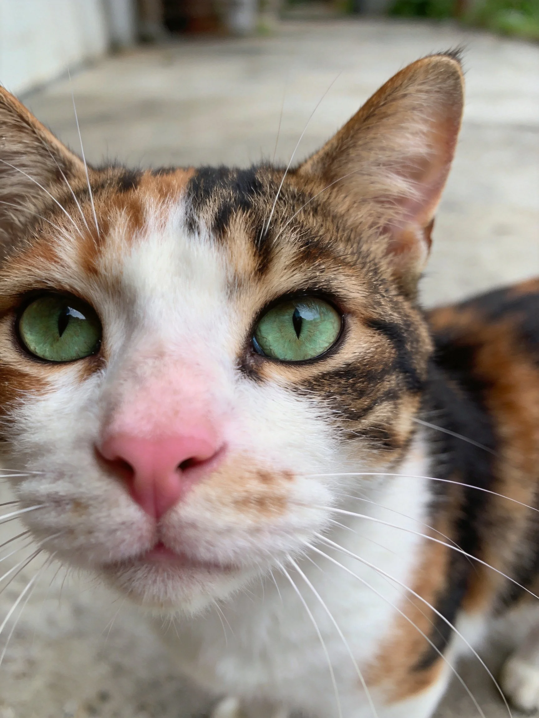 Close - up view of a calico cat with green eyes and pink nose