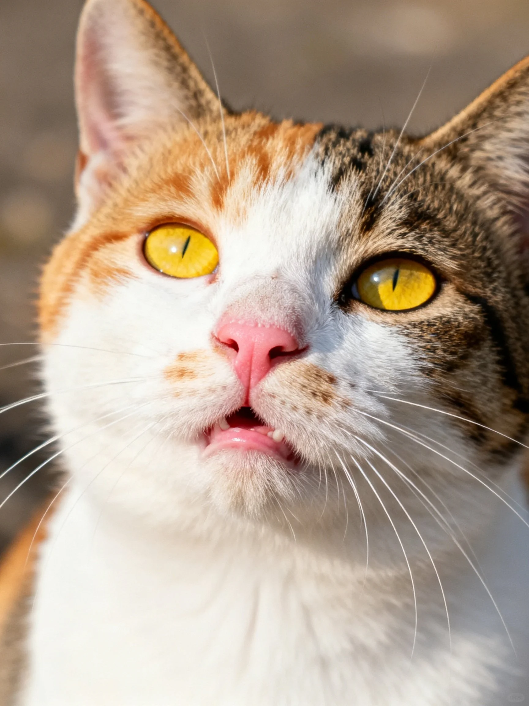 A calico cat with bright yellow eyes and pink nose is shown up close.