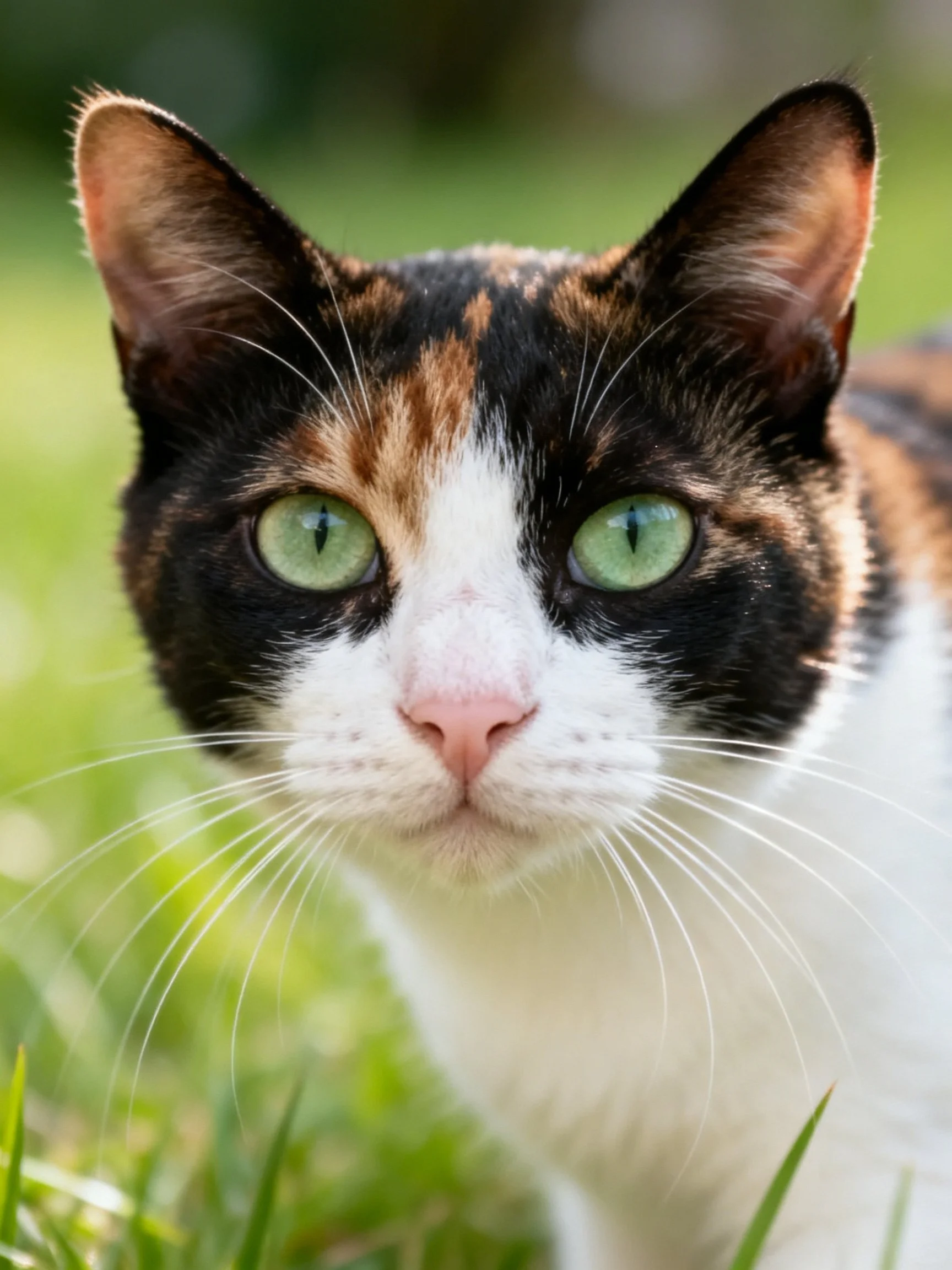 Calico cat with green eyes in a grassy setting