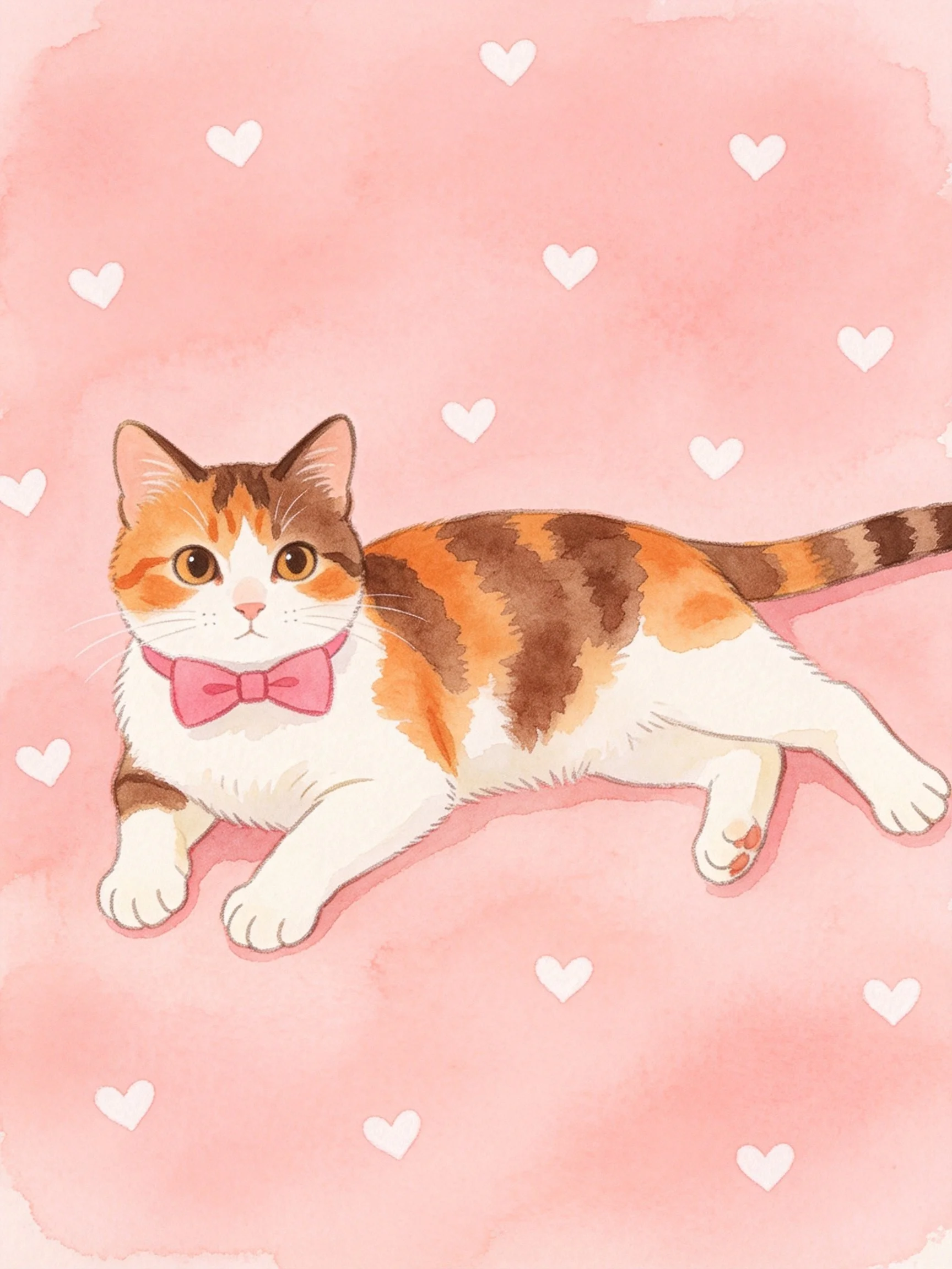 Calico cat with pink bow tie on pink heart background