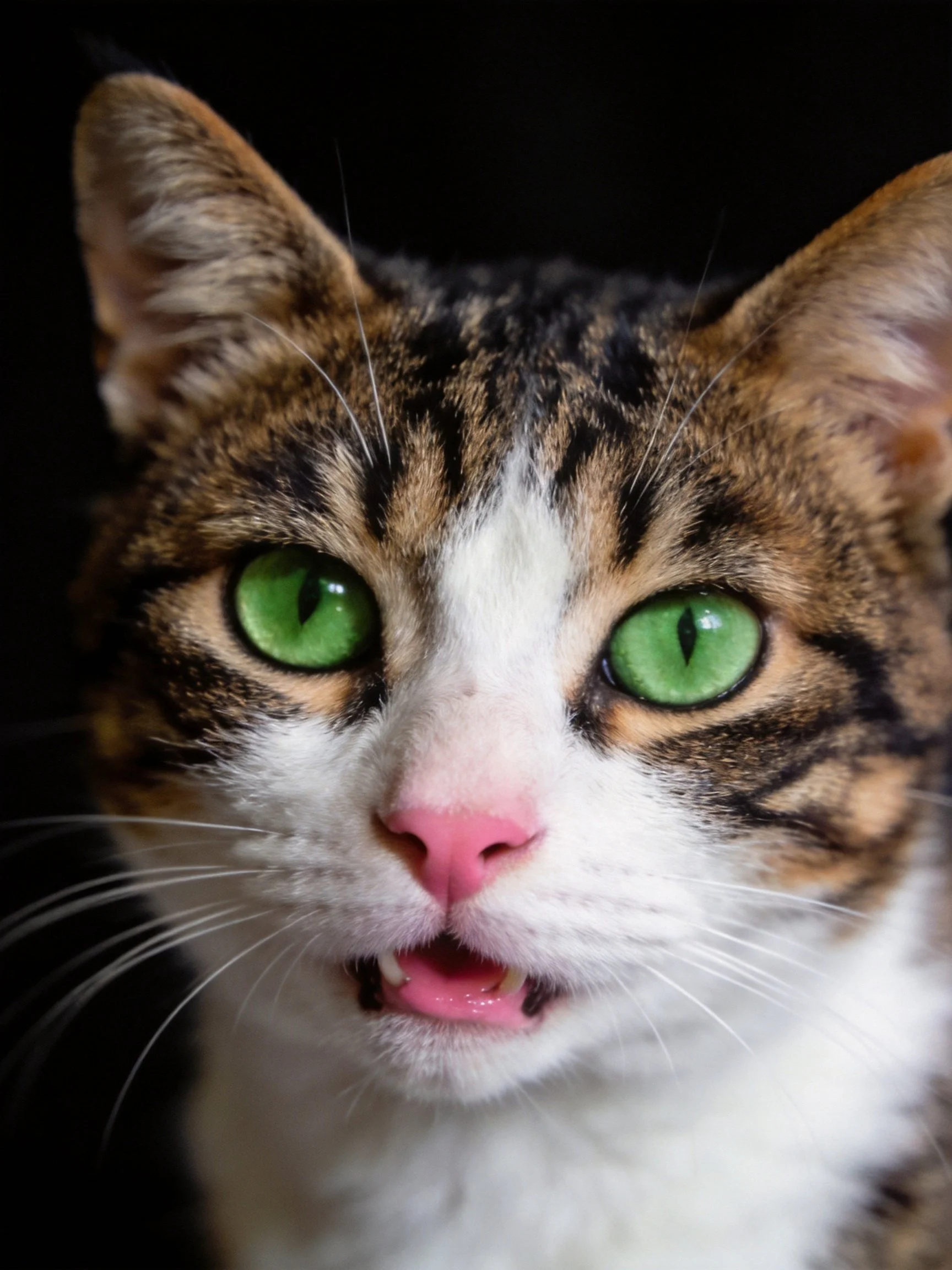 Calico cat with striking green eyes and pink nose