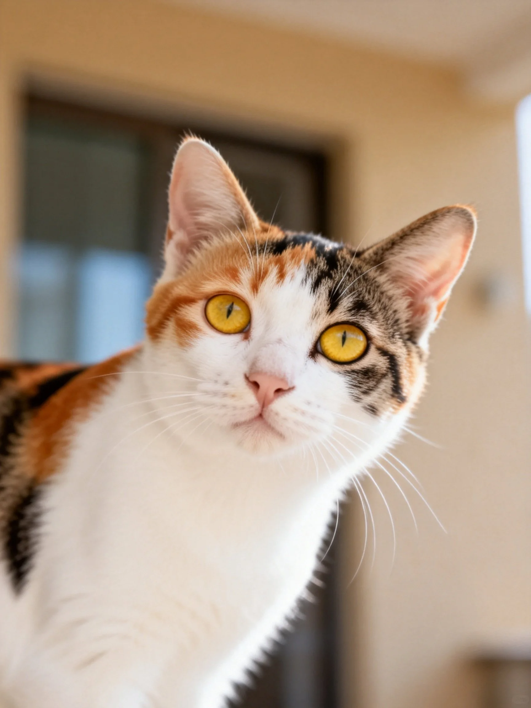 A close - up of a calico cat with striking yellow eyes in an indoor environment.