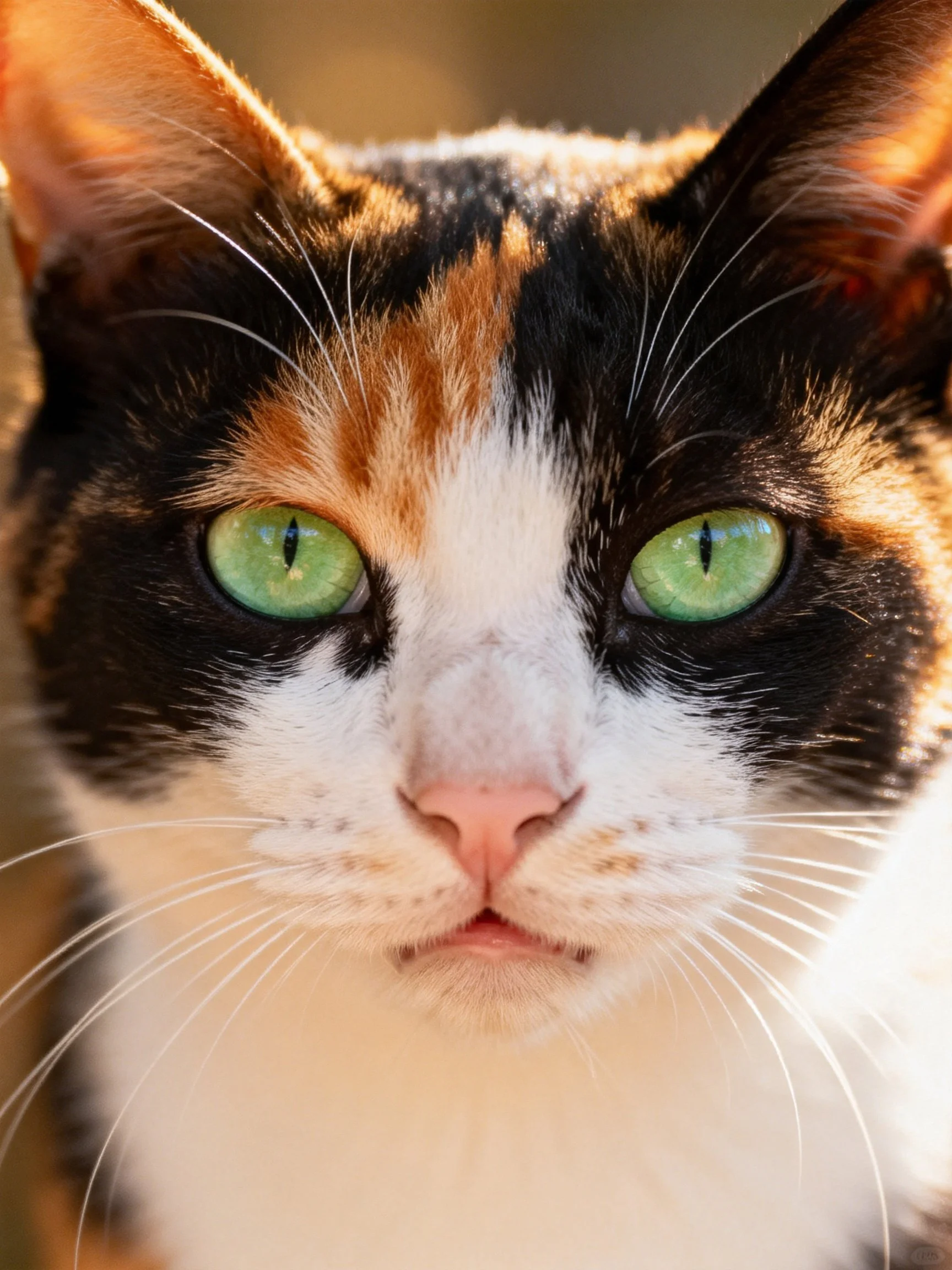 Calico cat with vivid green eyes and multicolored fur