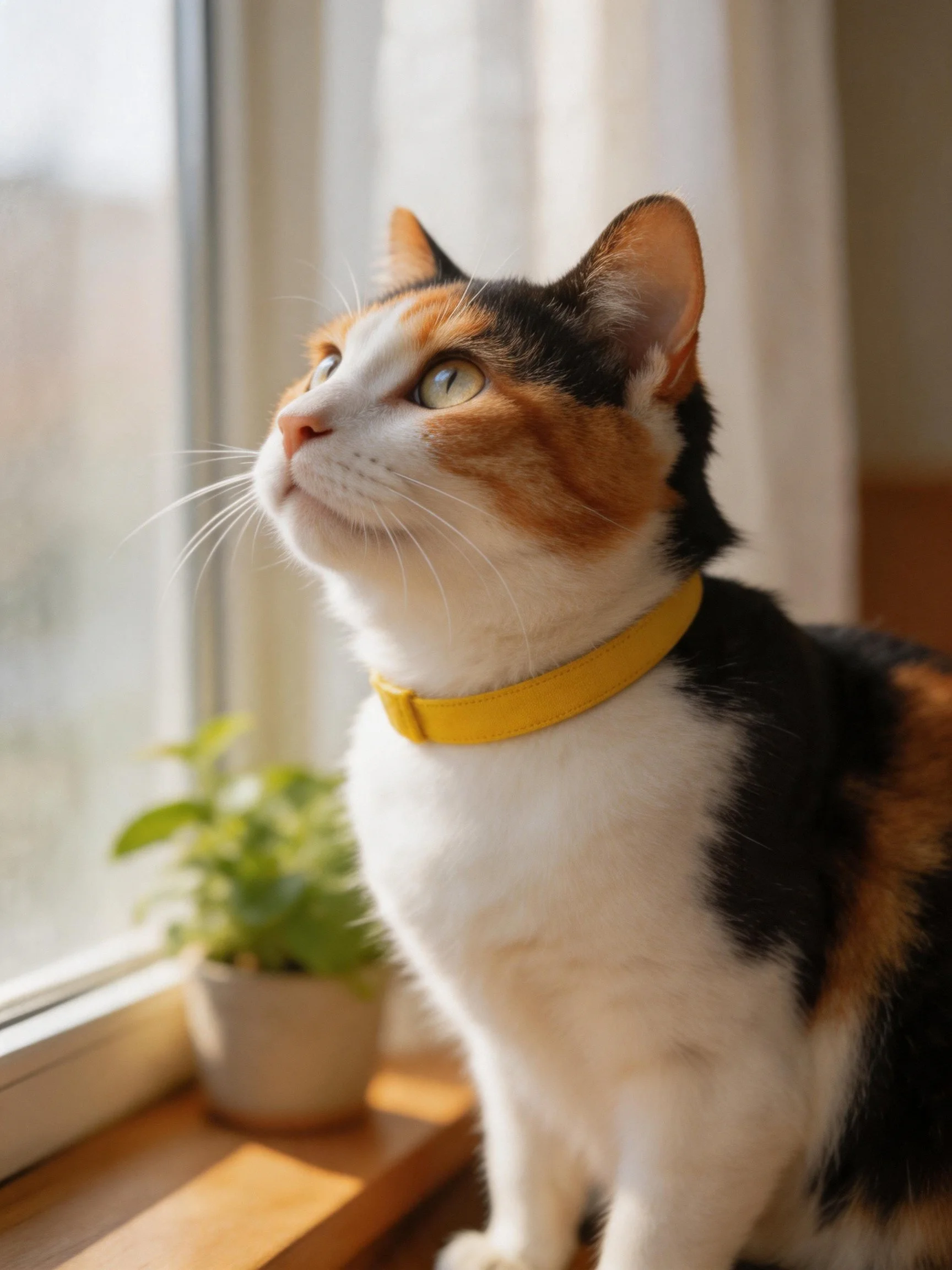Calico cat with yellow collar sits by sunlit window