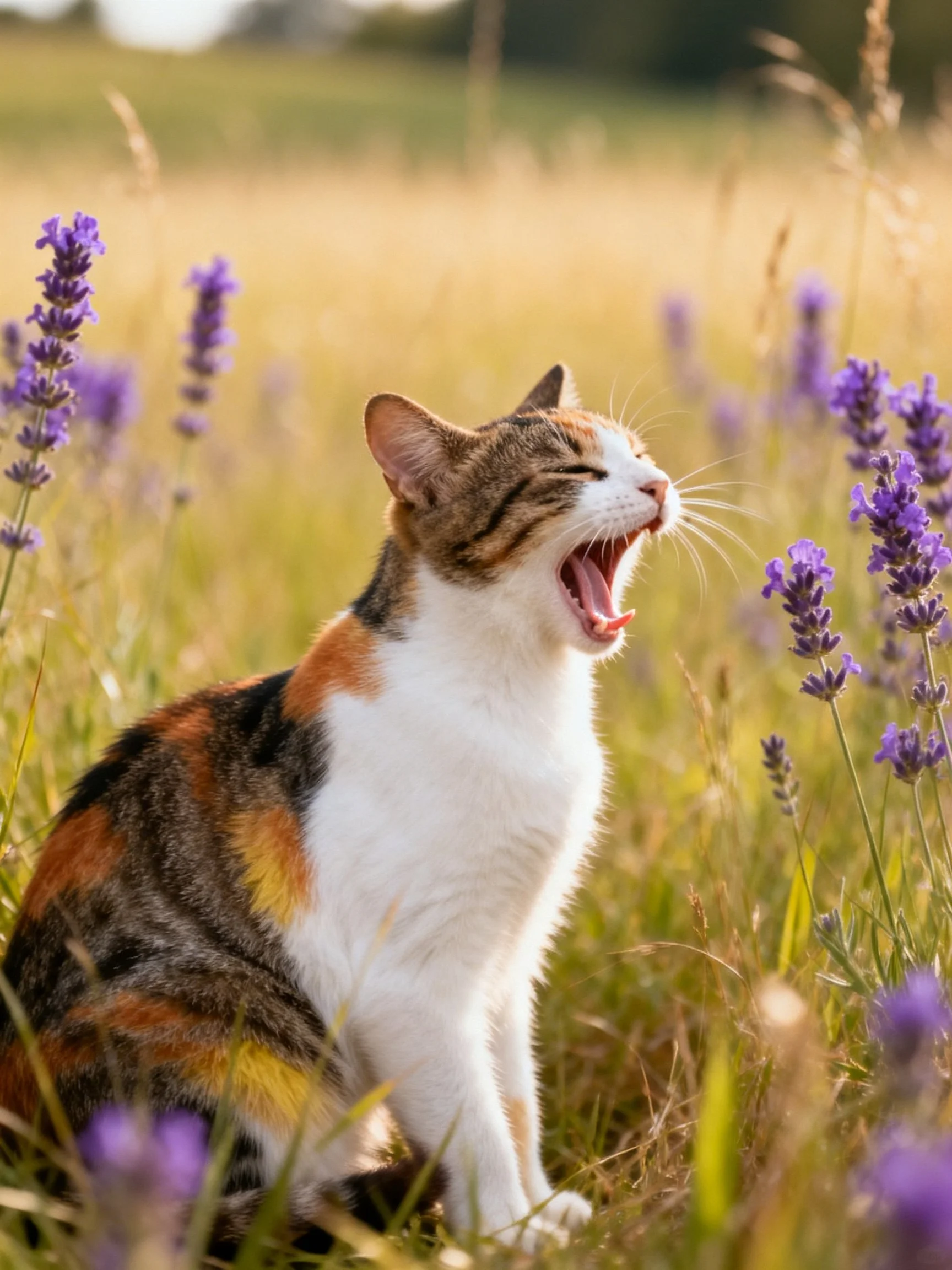 Calico cat yawning among lavender in sunlit meadow