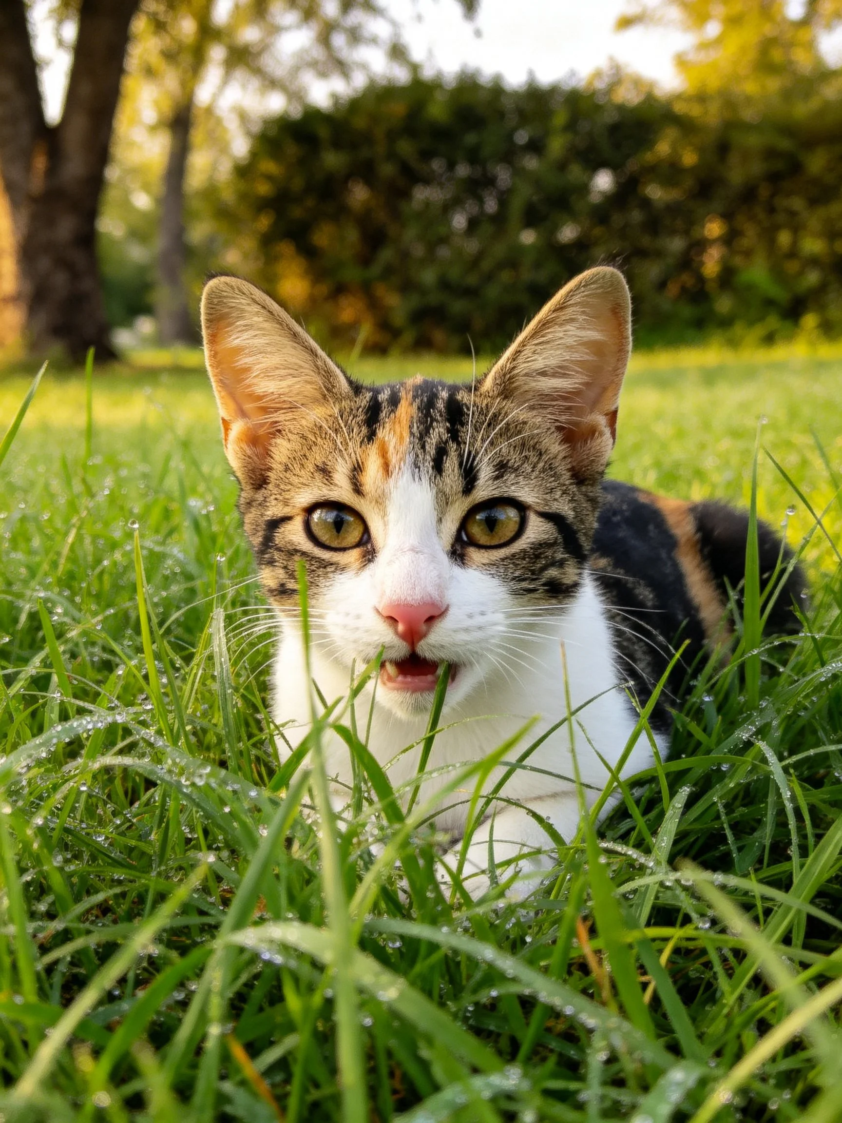 Calico kitten resting in dewy green grass with trees in background
