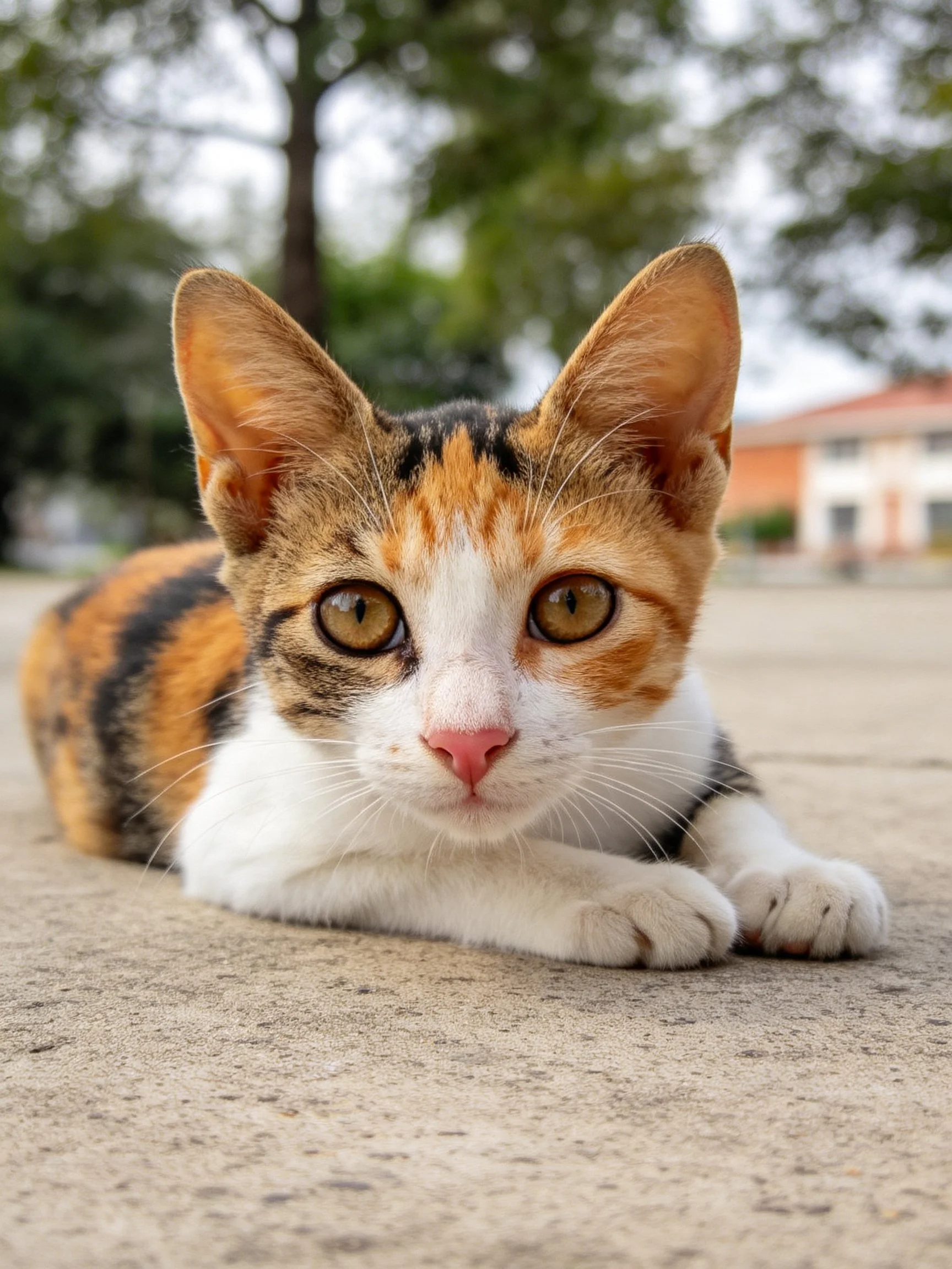 Calico kitten with orange, black, white fur resting on concrete outdoors