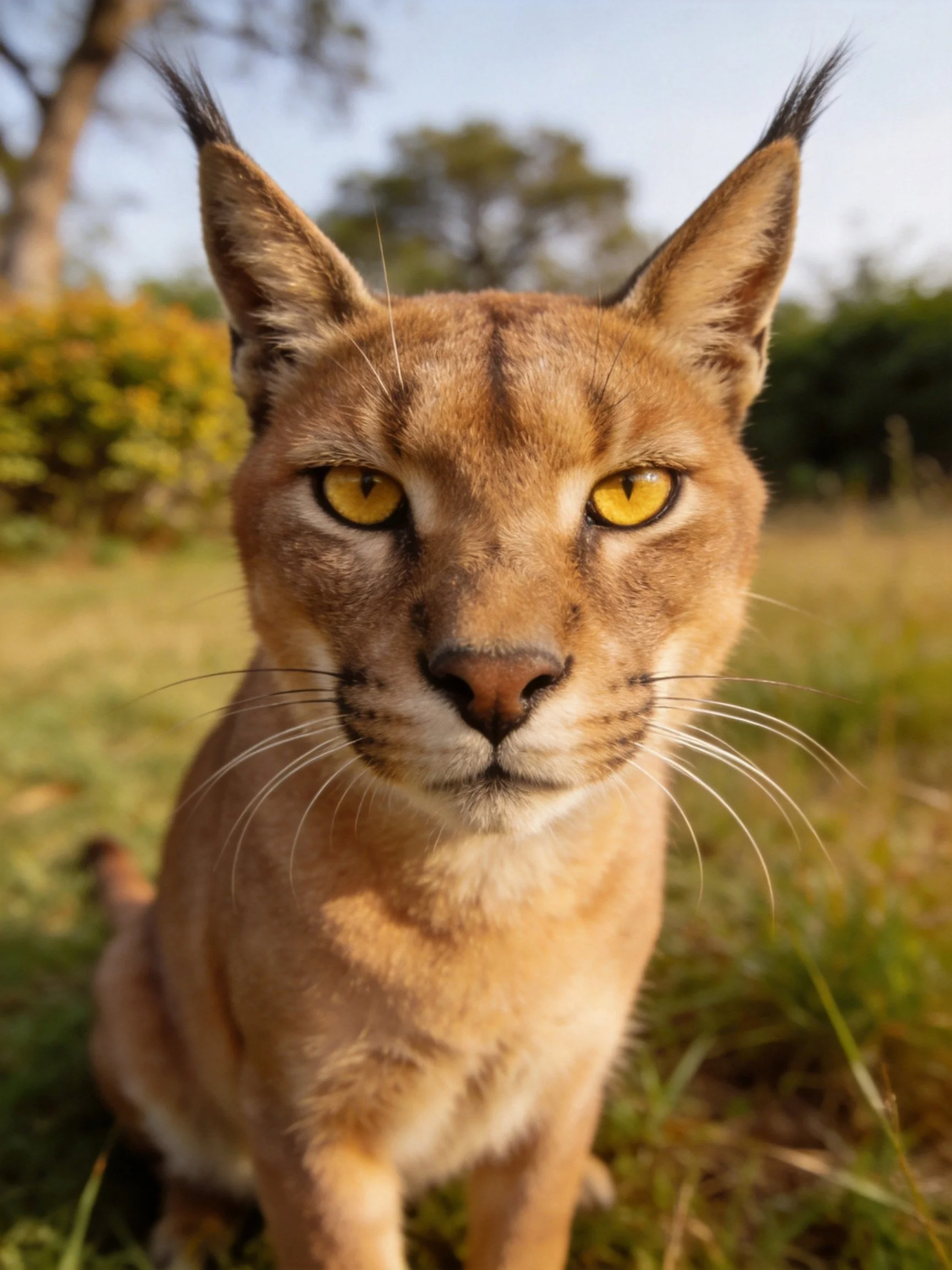 Caracal with black ear tufts and golden eyes in a grassy landscape