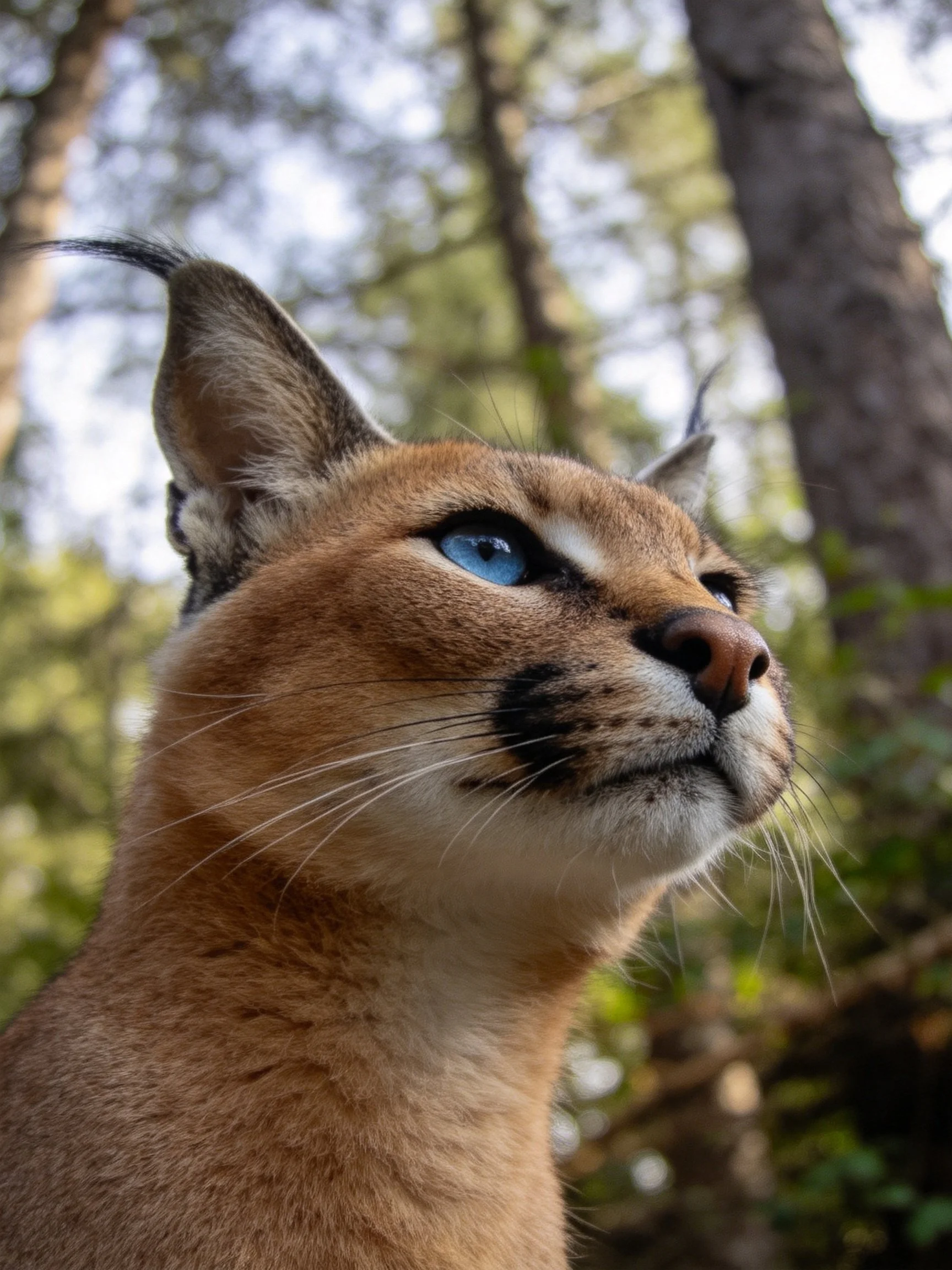 Caracal with bright blue eyes in forest surroundings