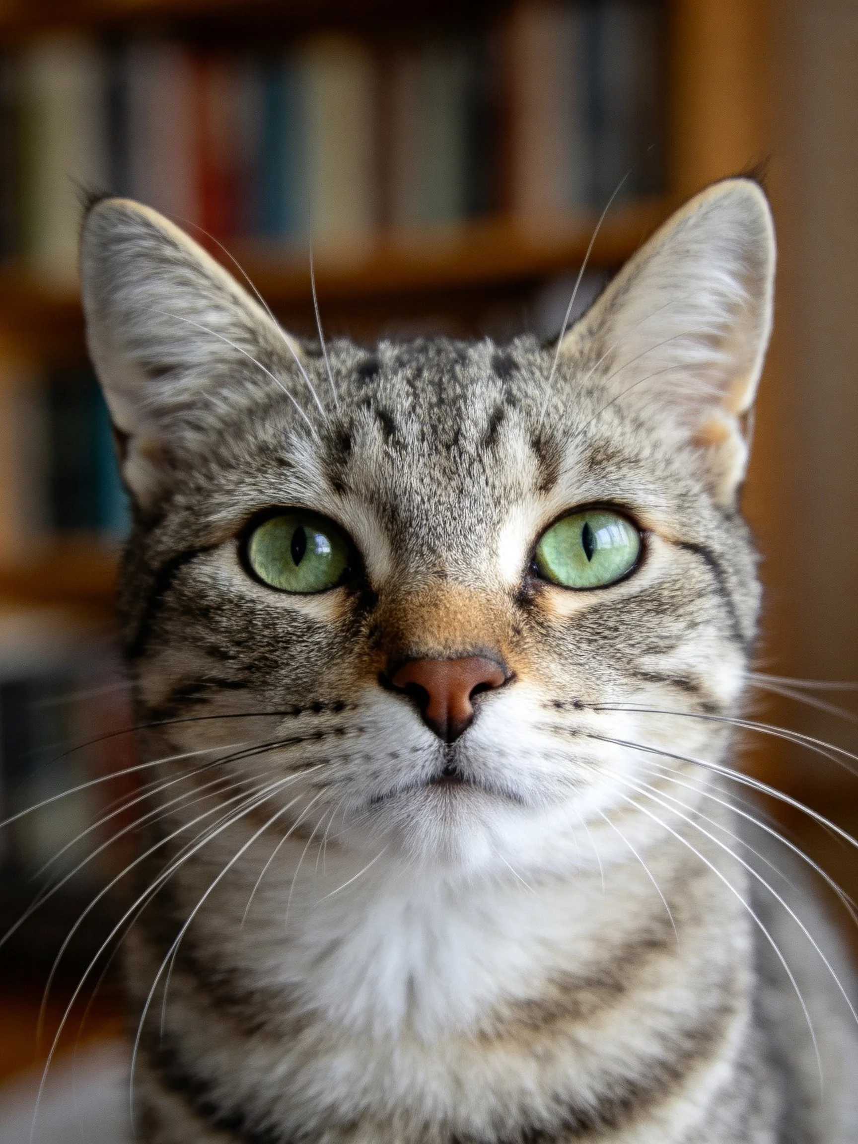 A tabby cat with bright green eyes stands in front of blurred bookshelves.