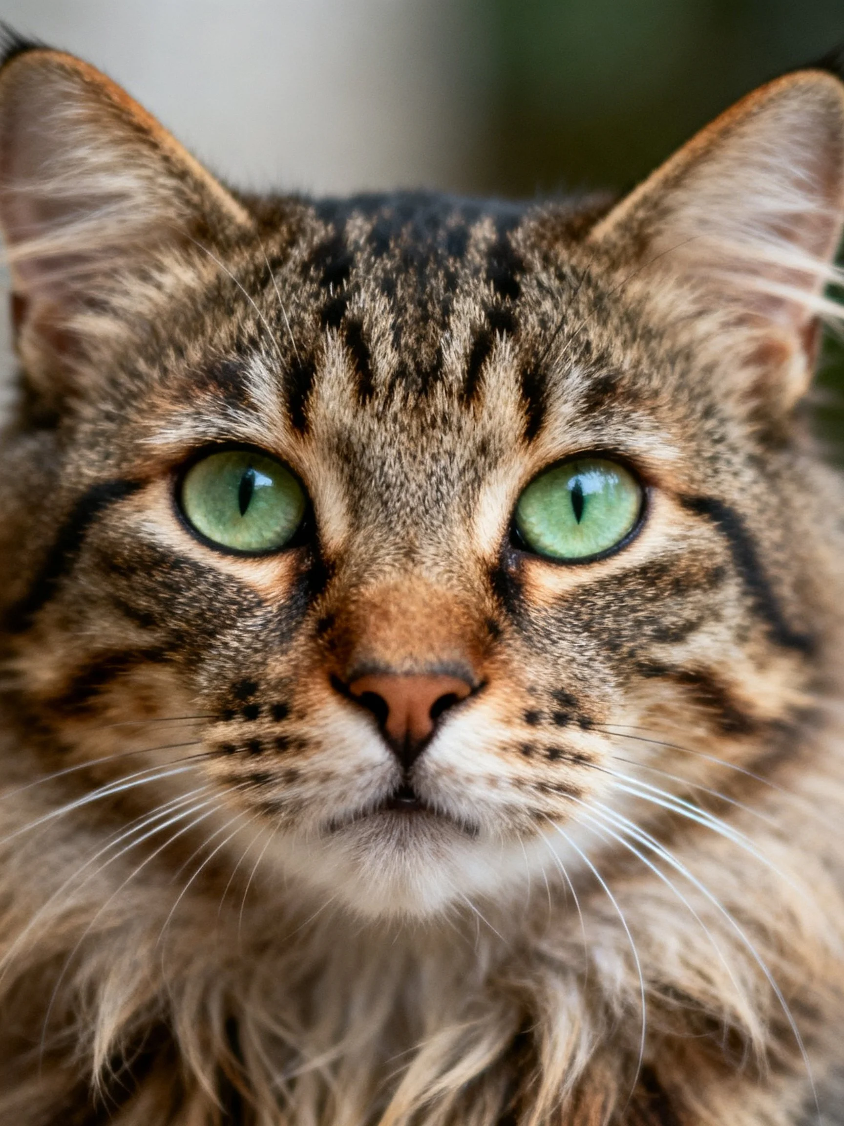 A close-up showcases a tabby cat with bright green eyes.