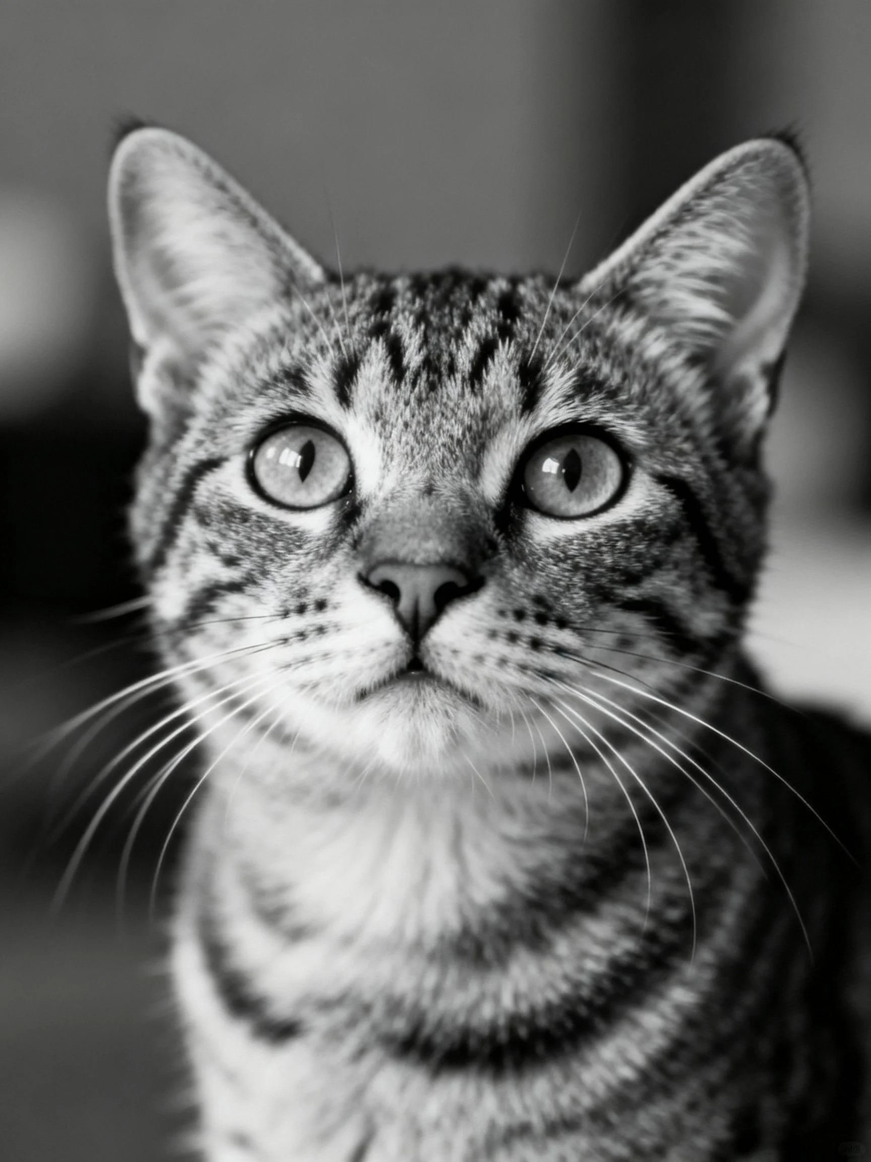 Close - up black - and - white portrait of a curious tabby cat