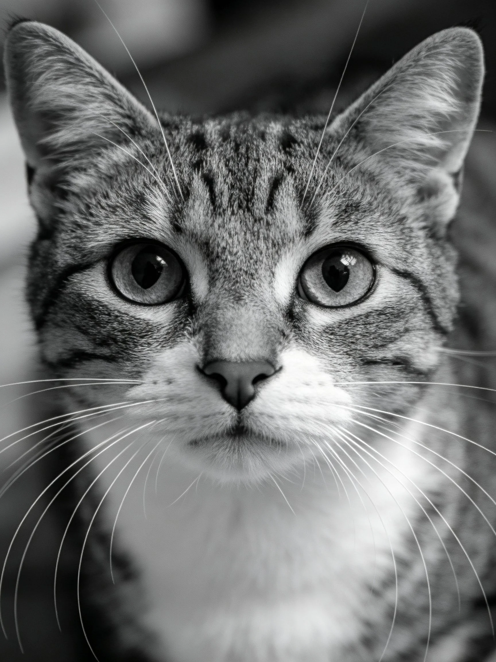 Close-up black and white portrait of a tabby cat