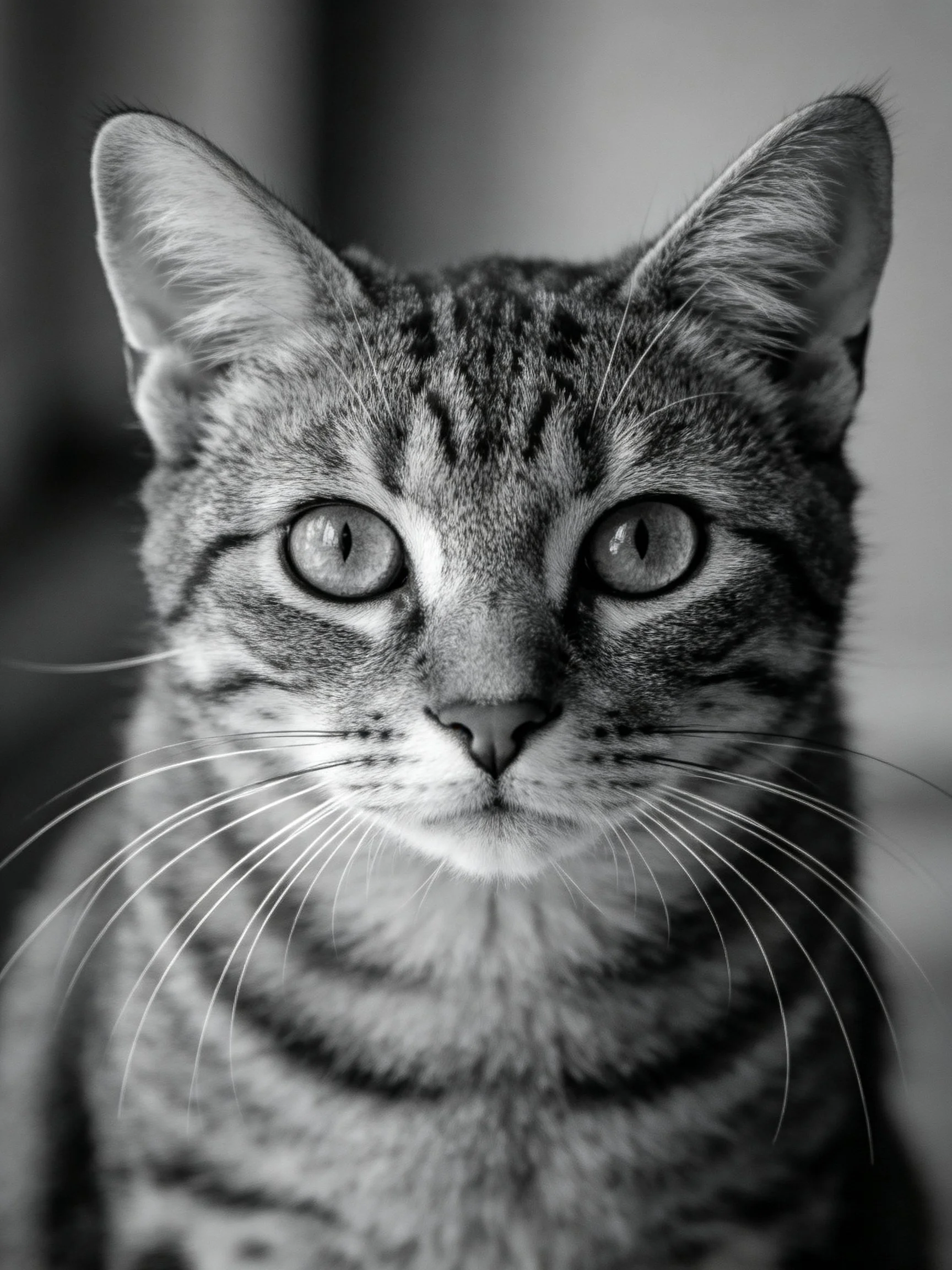 Close - up black - and - white portrait of a tabby cat with bold stripes