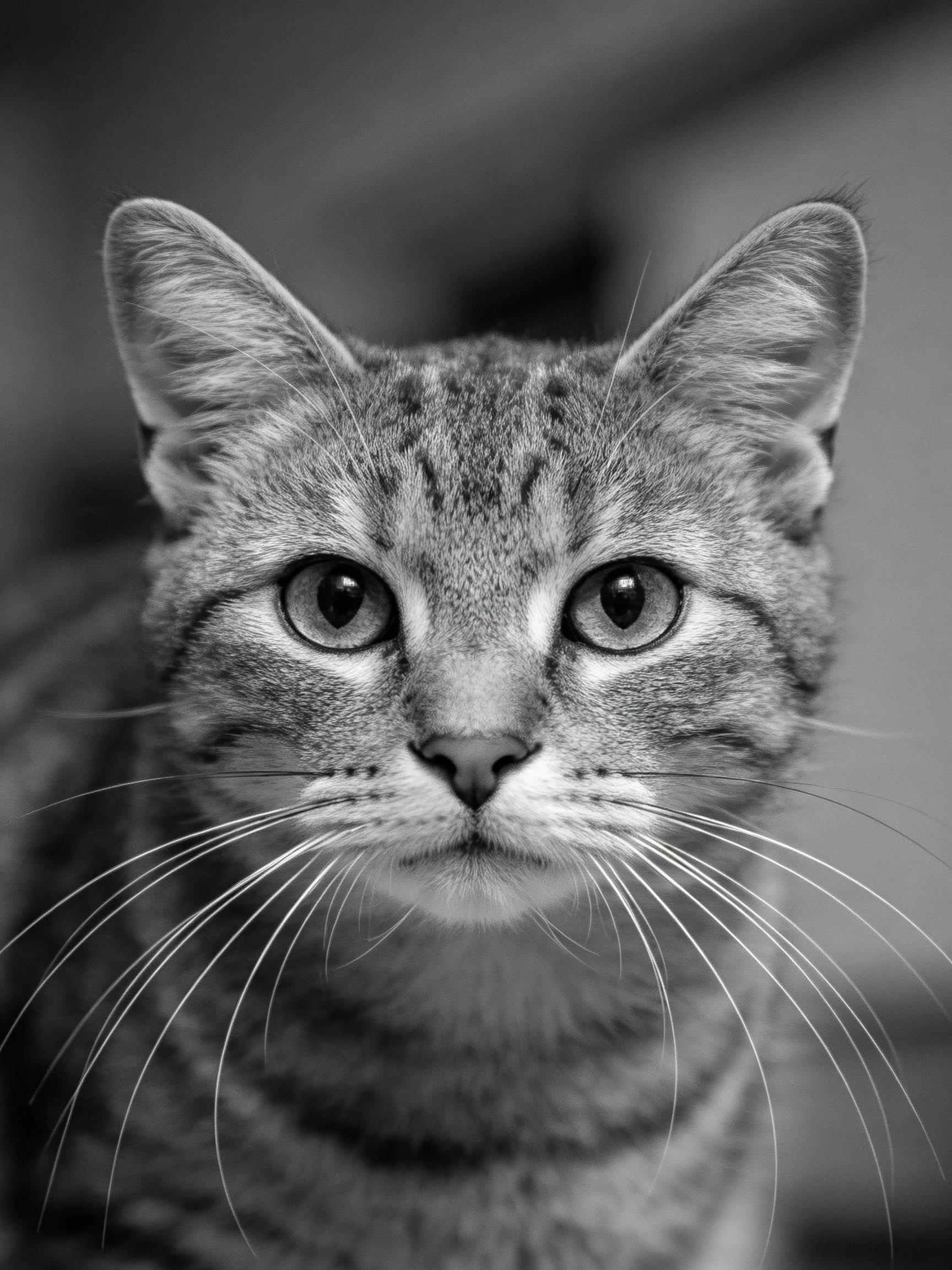 Close-up black-and-white portrait of a tabby cat with large expressive eyes
