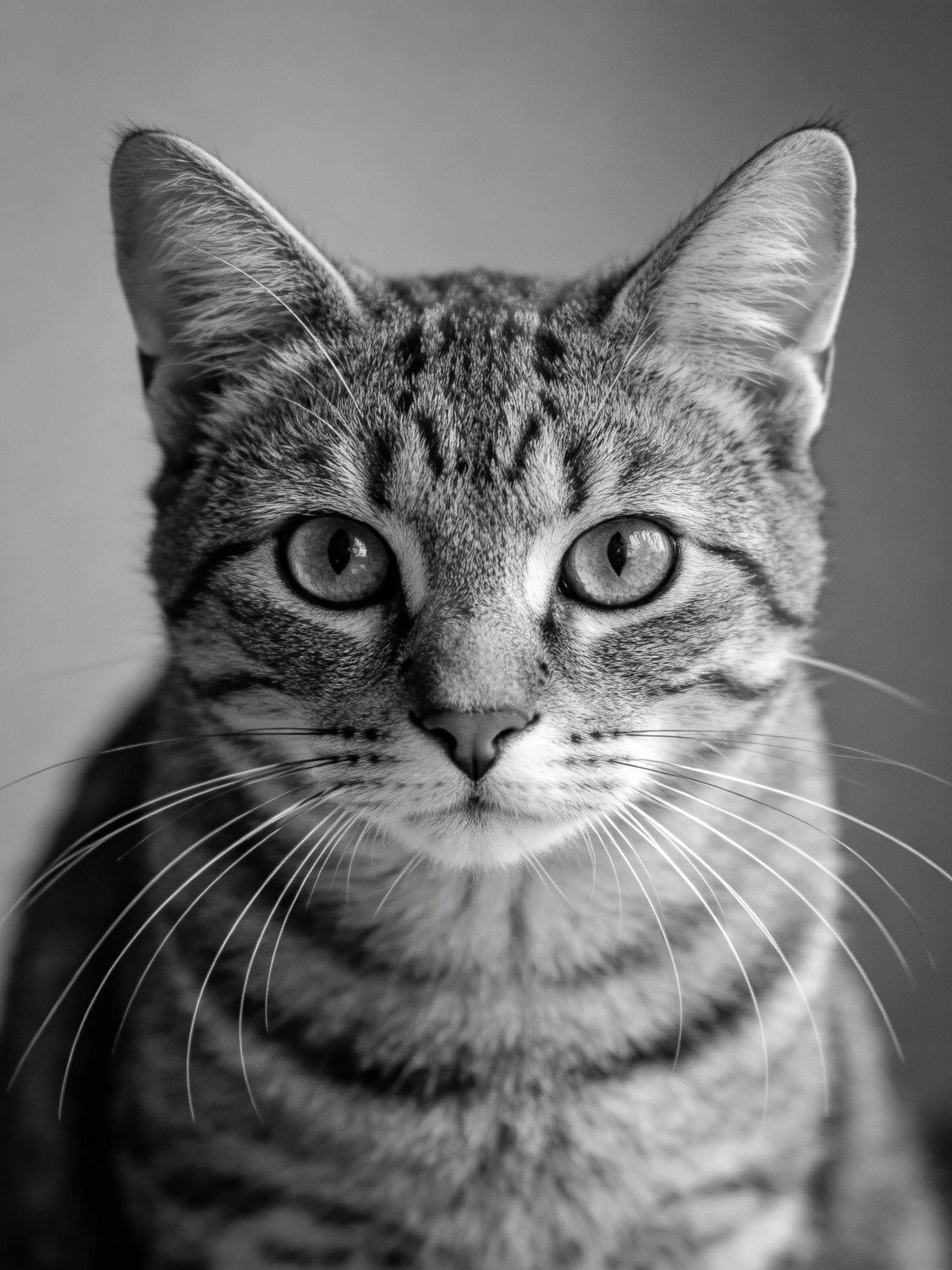 Close-up black-and-white portrait of a tabby cat with prominent whiskers