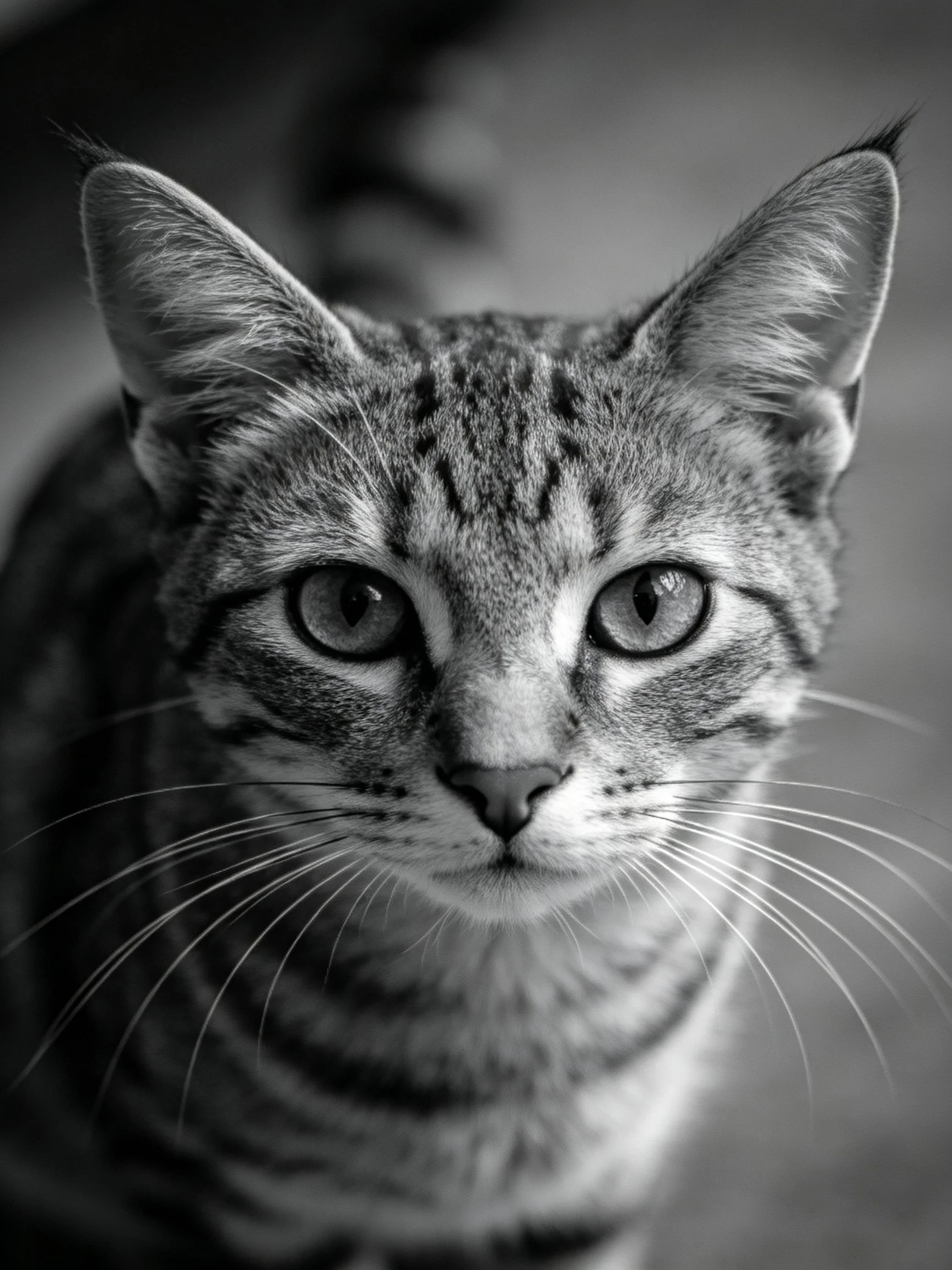 Close-up black and white portrait of a tabby cat with striking eyes