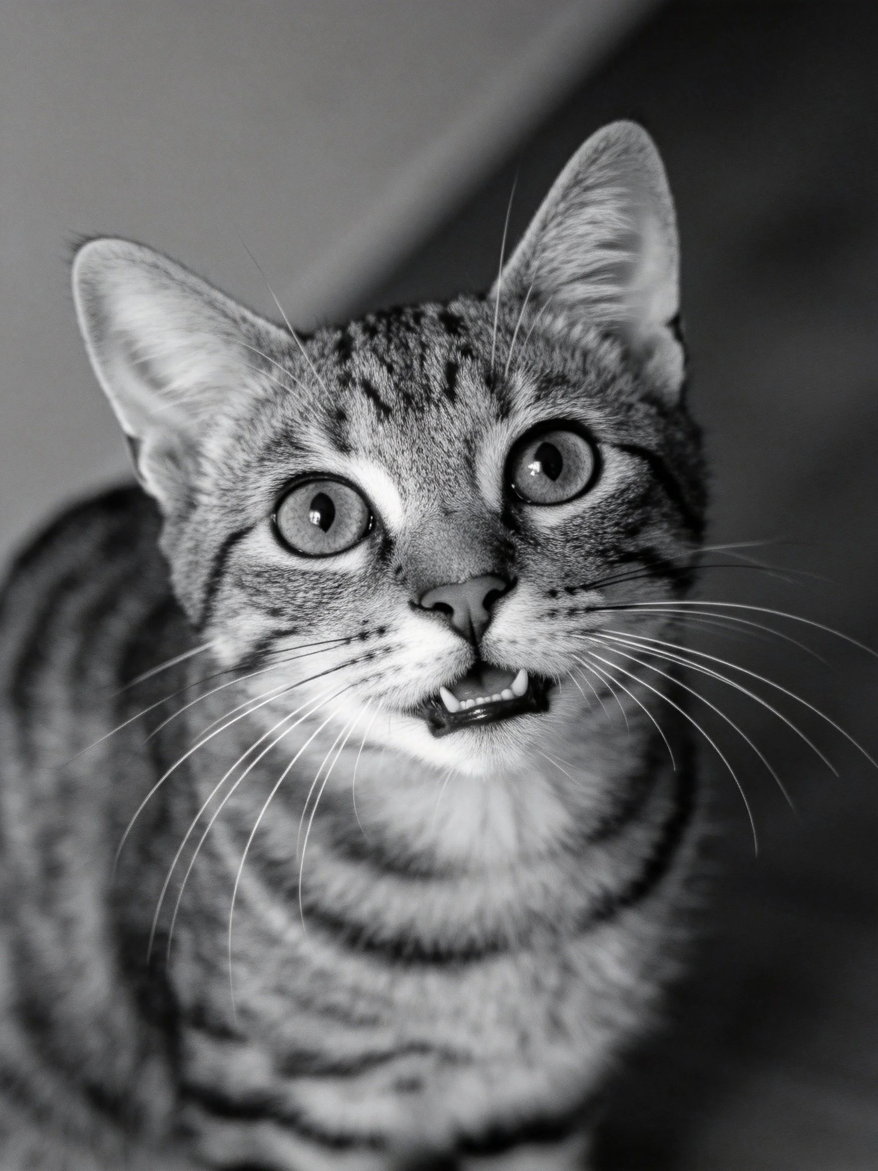 Close-up black-and-white portrait of a tabby cat with wide eyes and open mouth