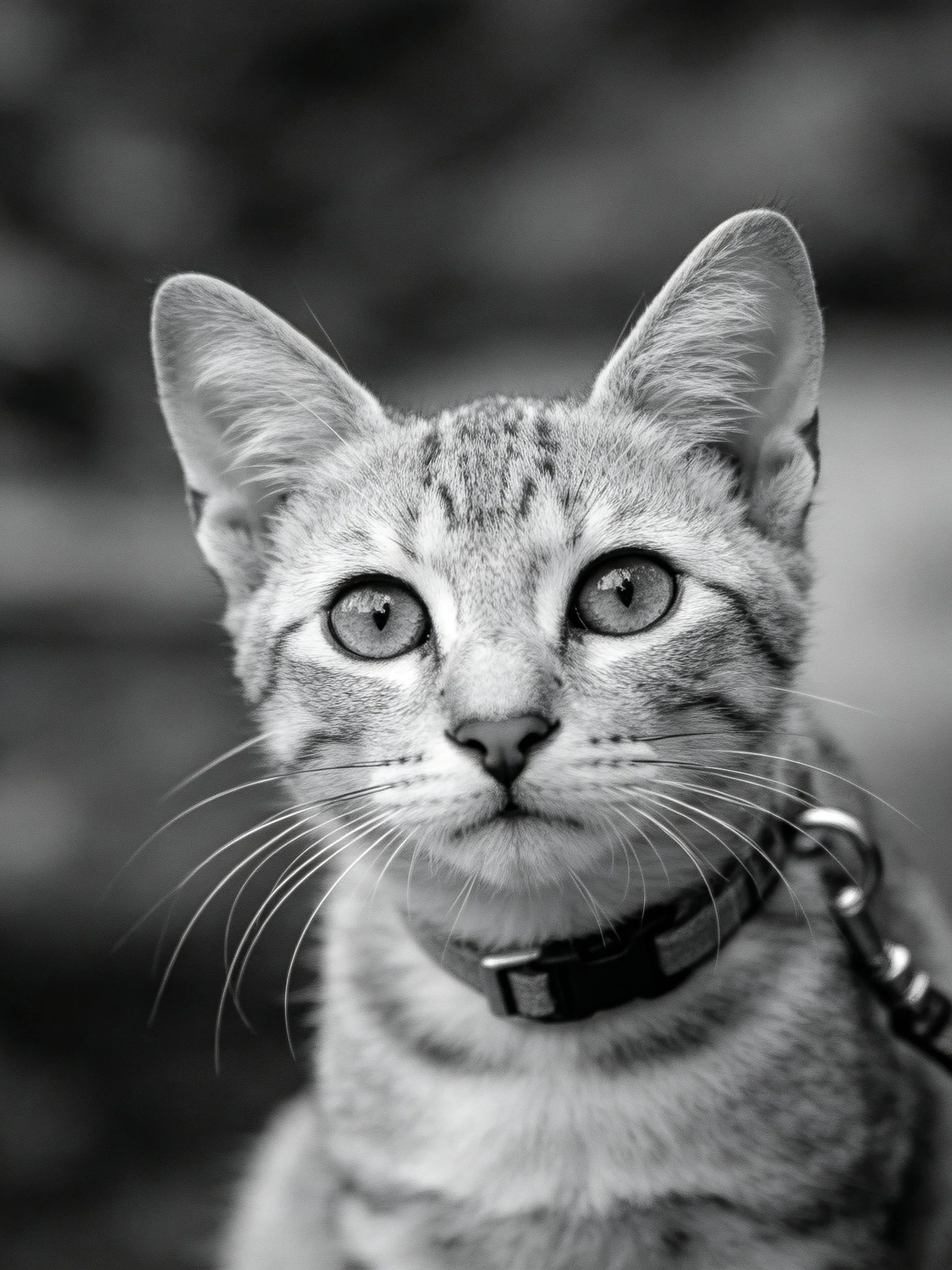 Close - up black and white shot of a tabby cat with striking eyes