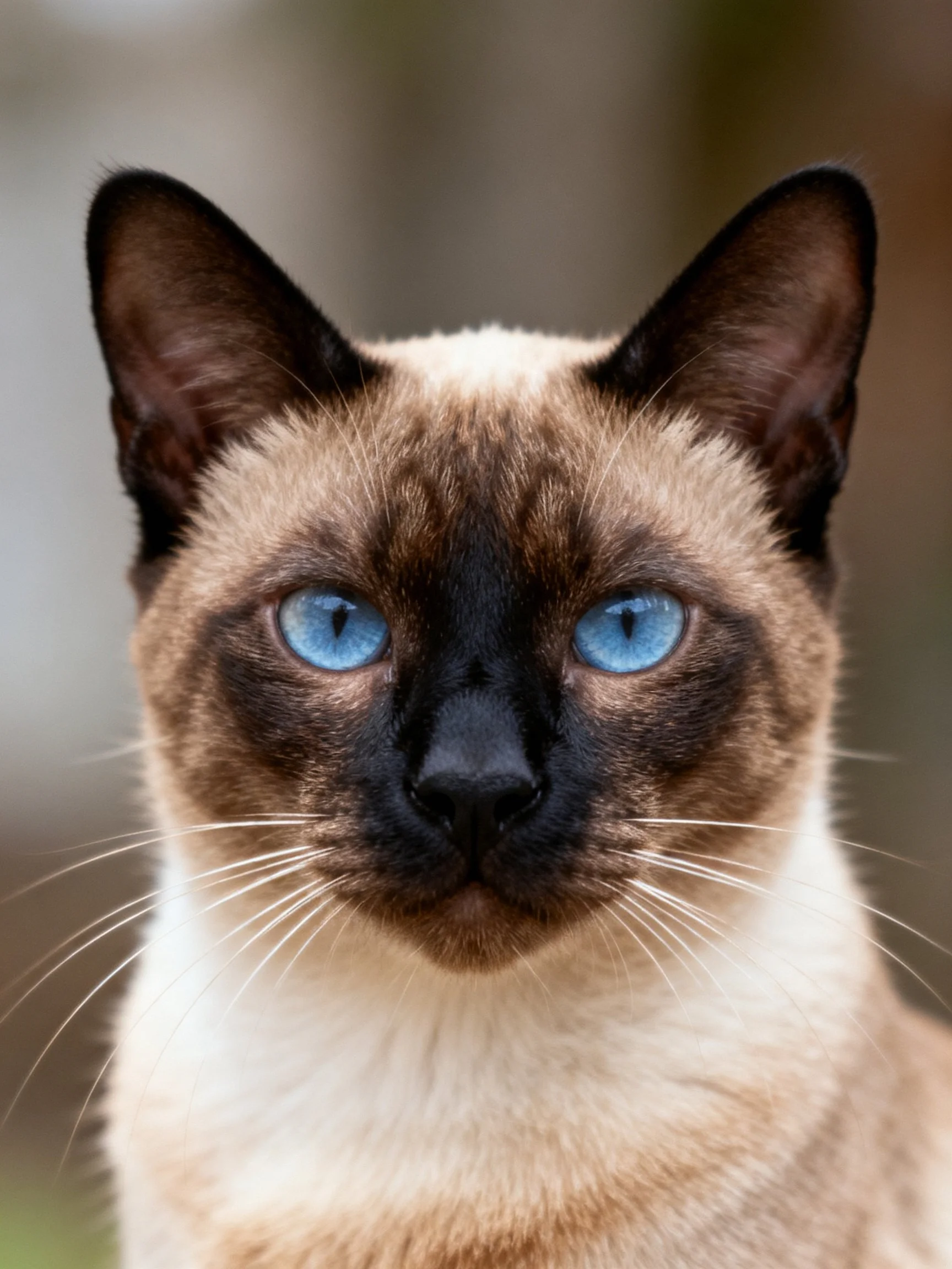 Close-up of a Siamese cat with bright blue eyes and dark facial markings