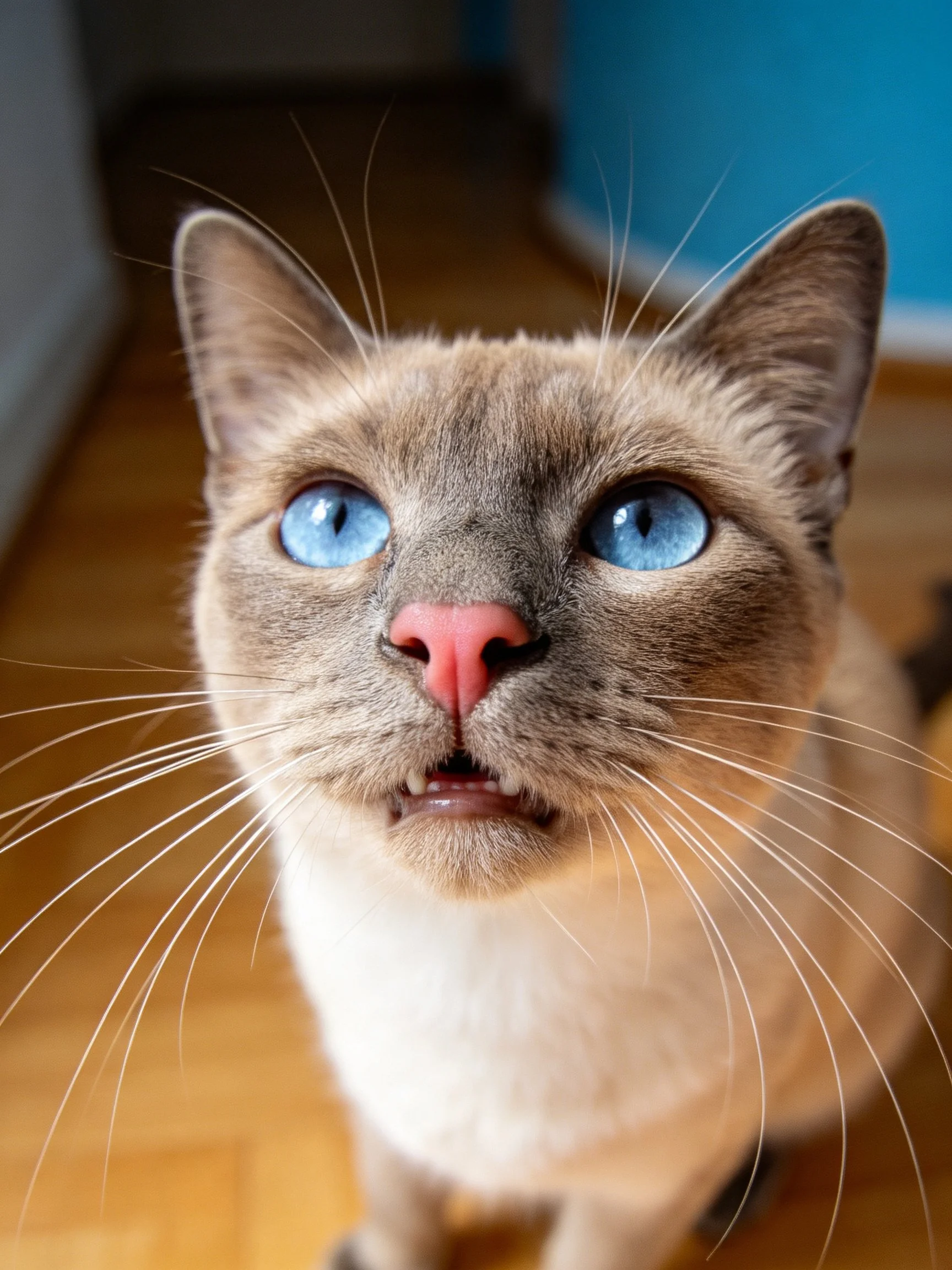 A Siamese cat with bright blue eyes looks upward in an indoor space.