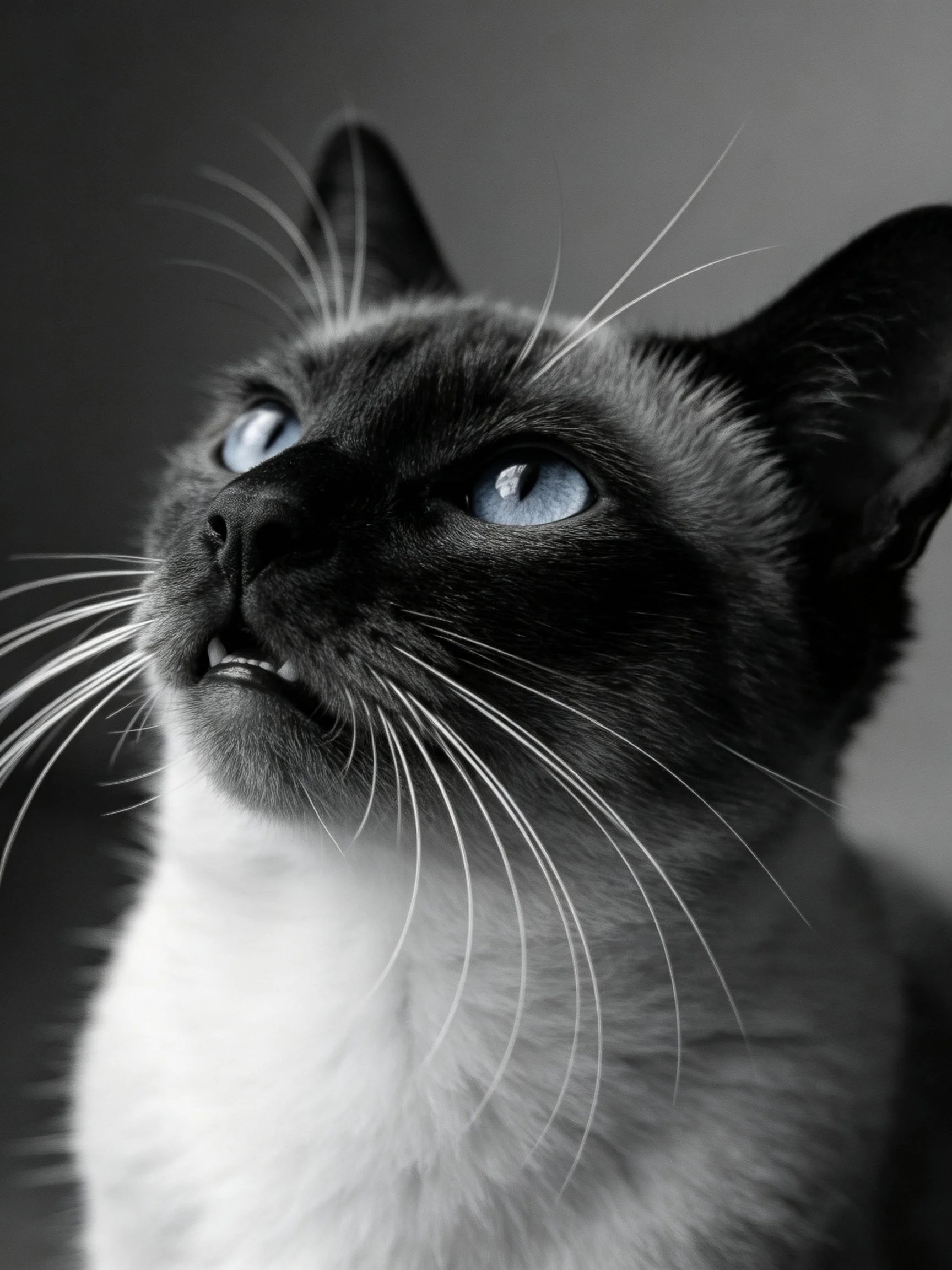 A Siamese cat gazes upward with striking blue eyes in monochrome.