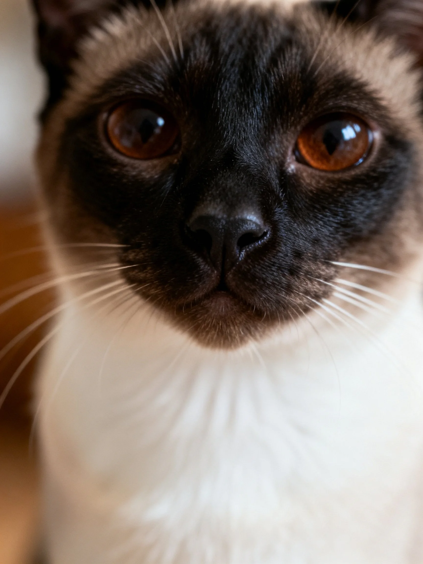 Close - up of a Siamese cat with dark brown and white fur