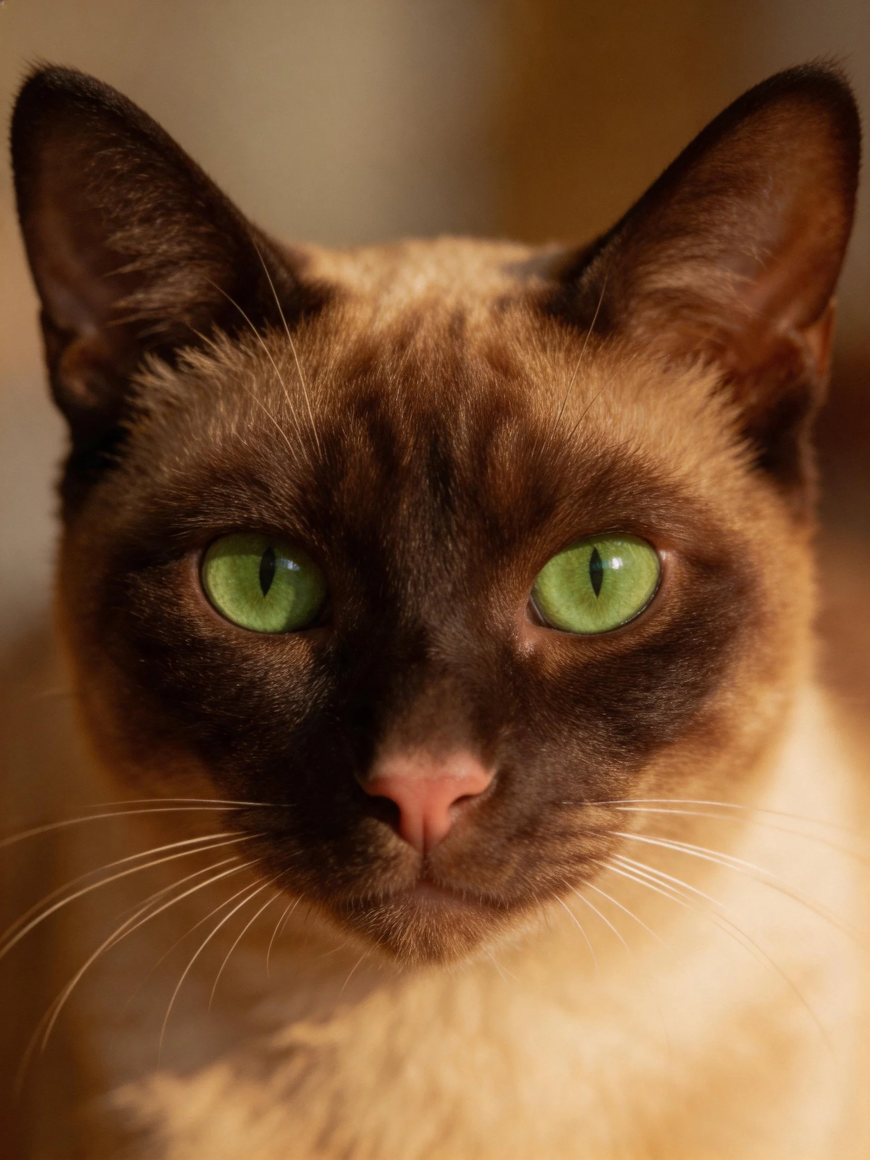 A Siamese cat with green eyes is shown in a close-up.
