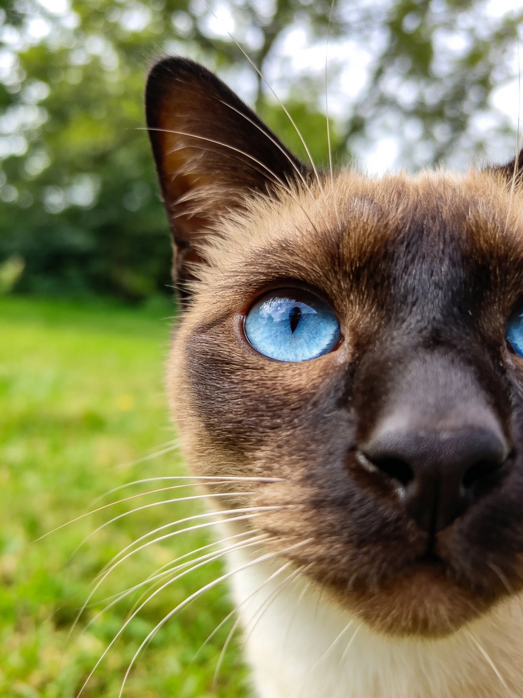 A Siamese cat with bright blue eyes is shown up close outdoors.