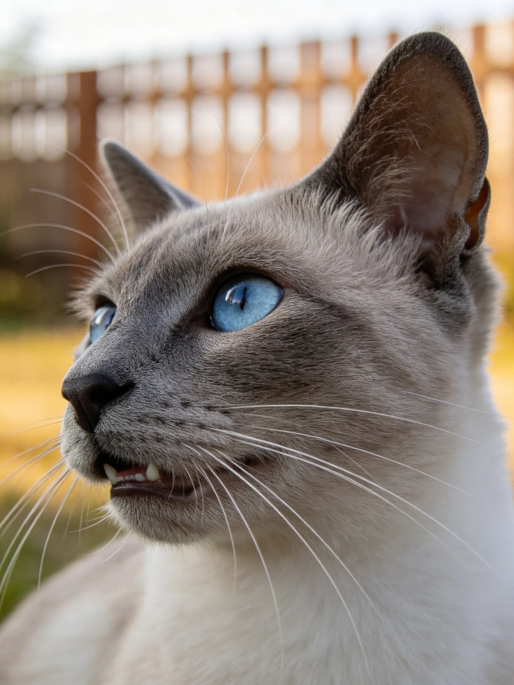 A Siamese cat with vivid blue eyes is shown in an outdoor setting.