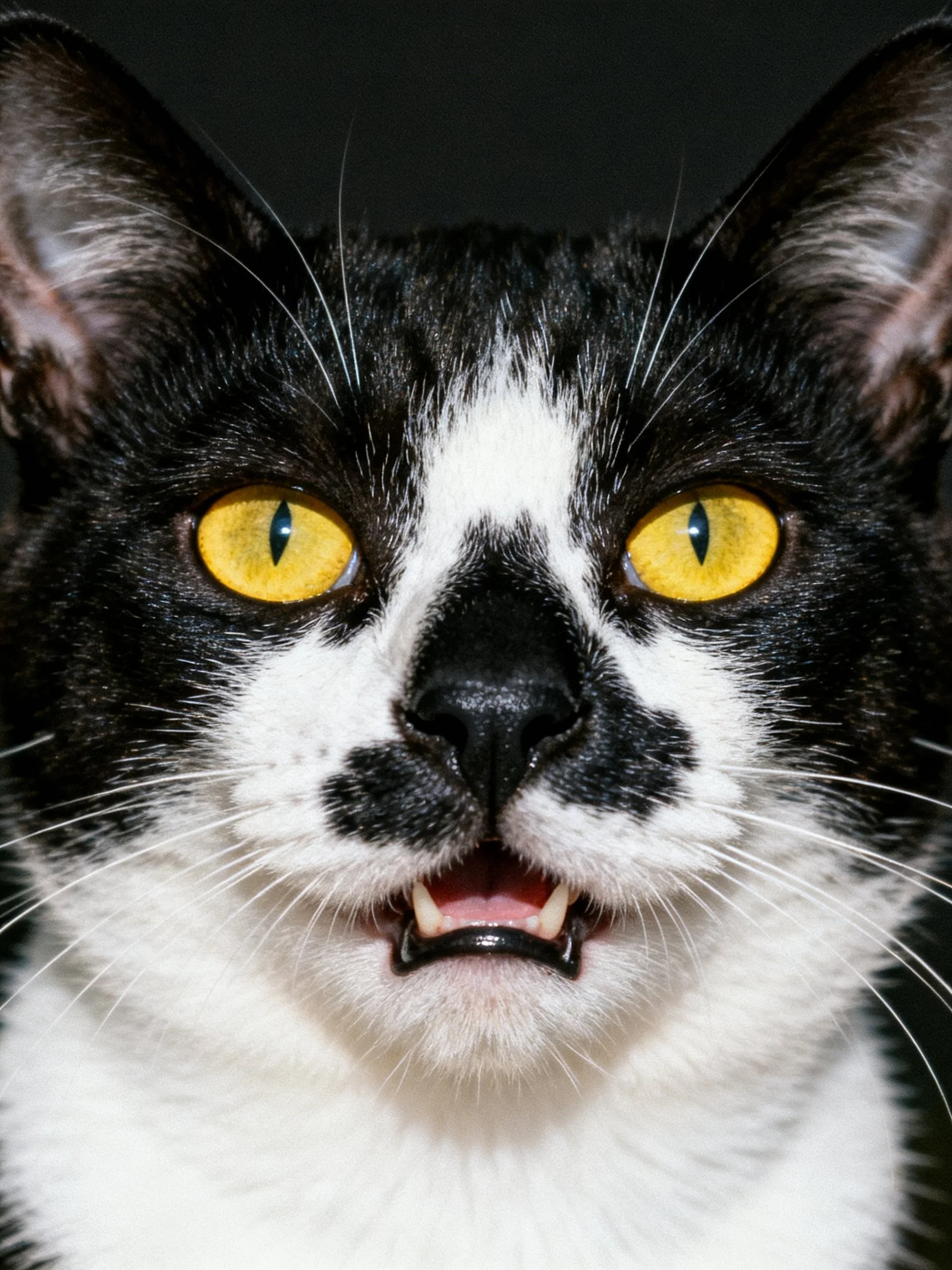 Close-up of a black and white cat with bright yellow eyes