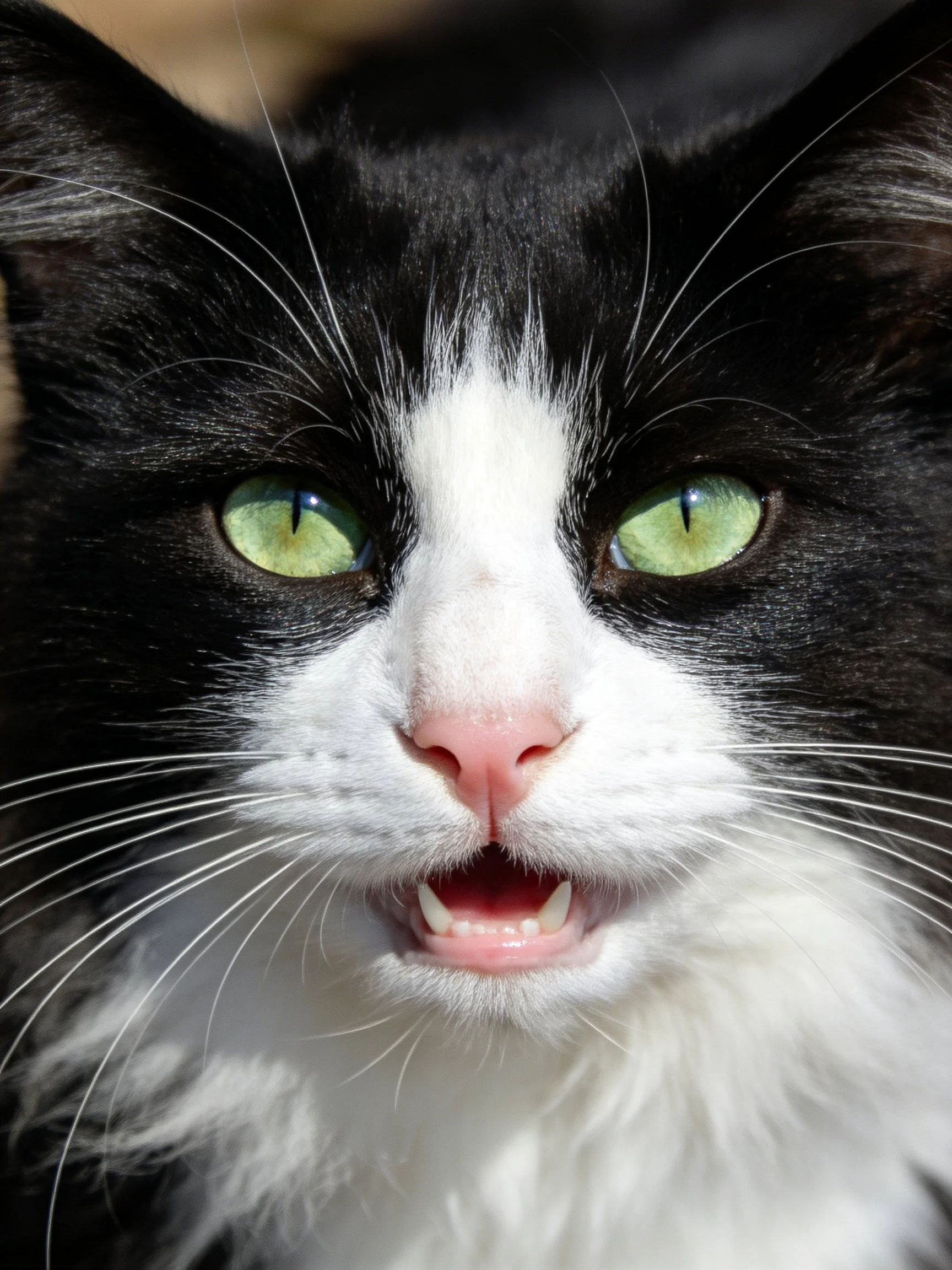 Close-up of a black and white cat with green eyes