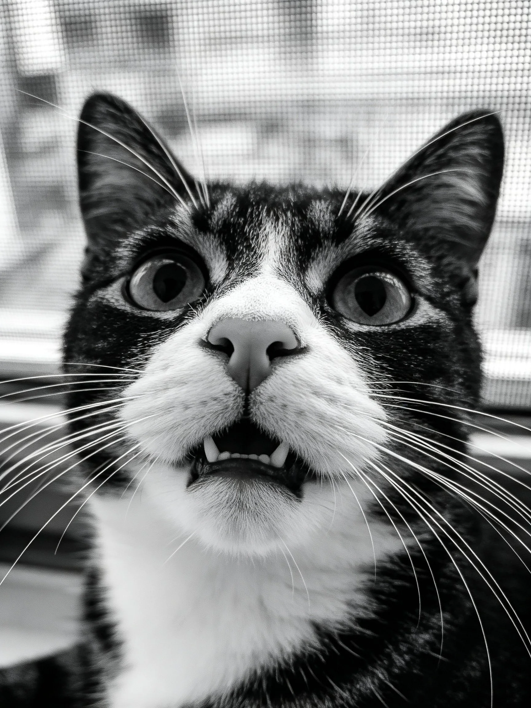 A black and white cat looks directly at the camera with wide eyes.