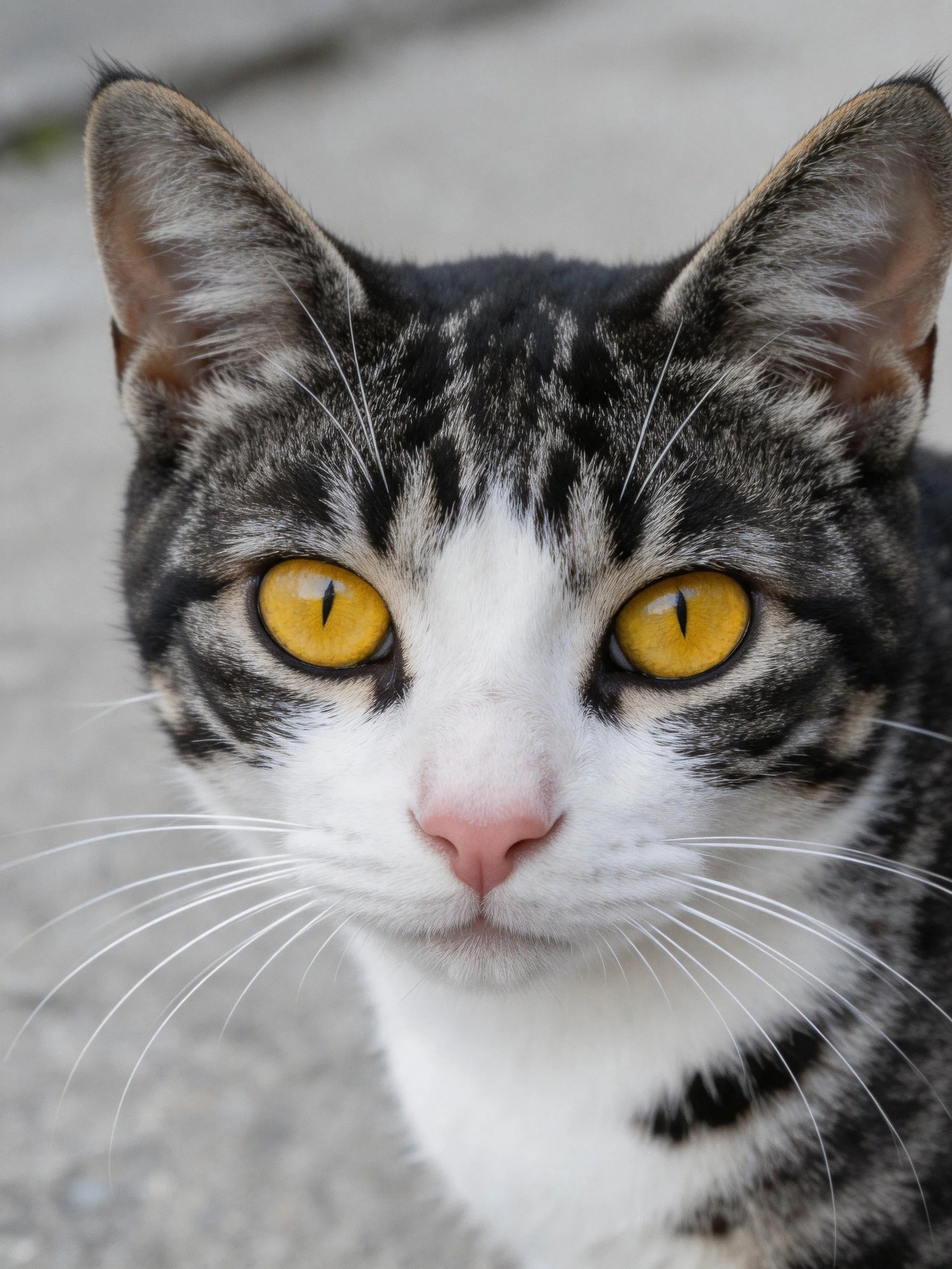A close-up focuses on a black, white, and gray tabby cat with vivid yellow eyes.