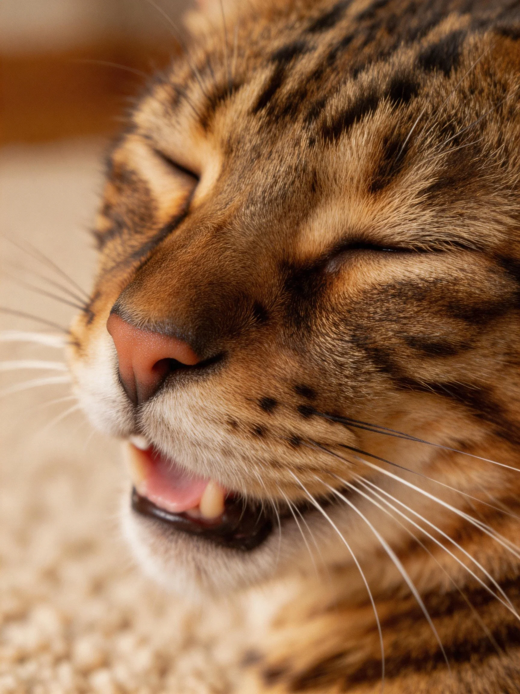 A brown-spotted tabby cat relaxes with closed eyes in a softly lit environment.
