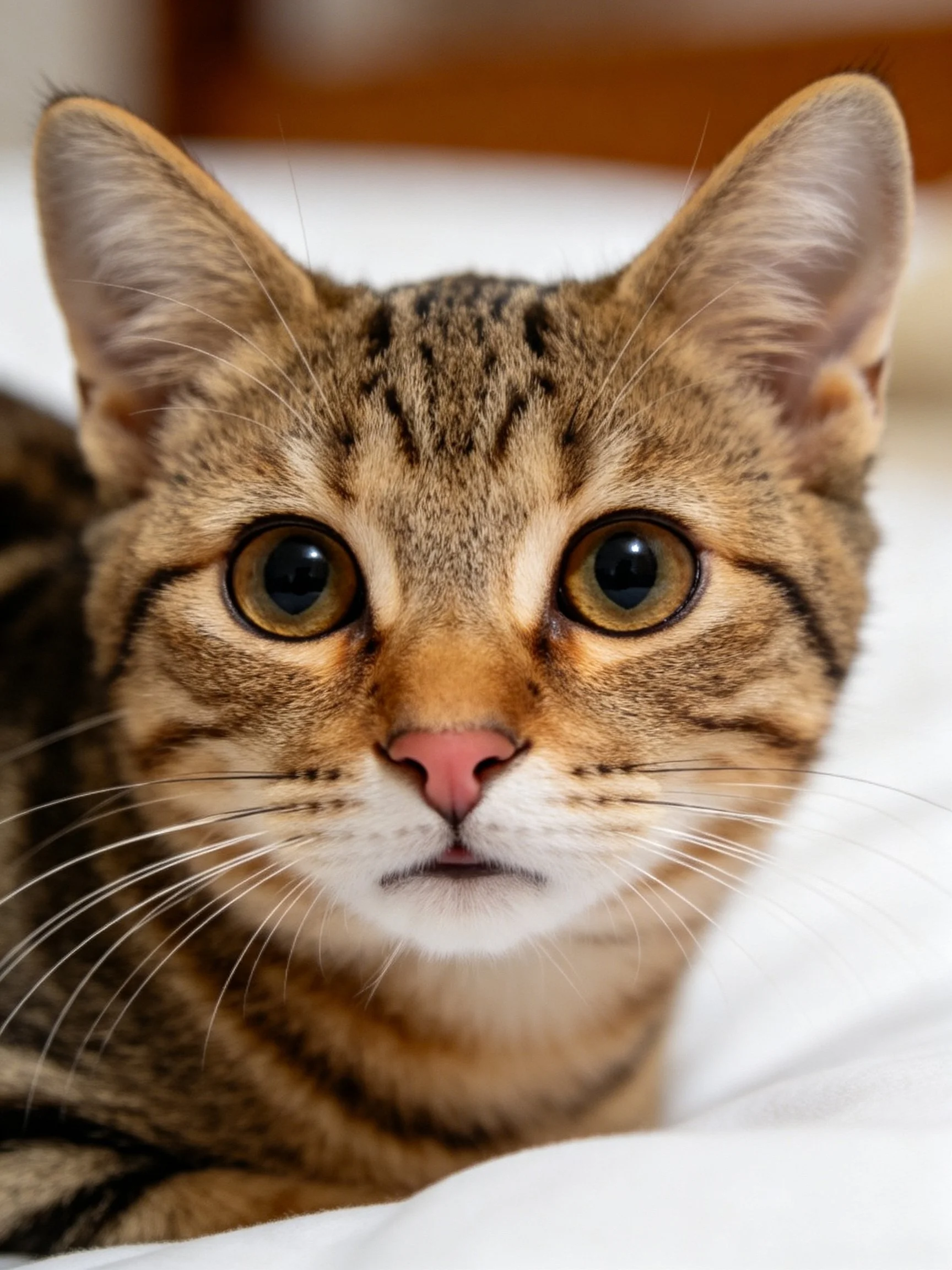 A brown tabby cat with amber eyes rests on a white surface.