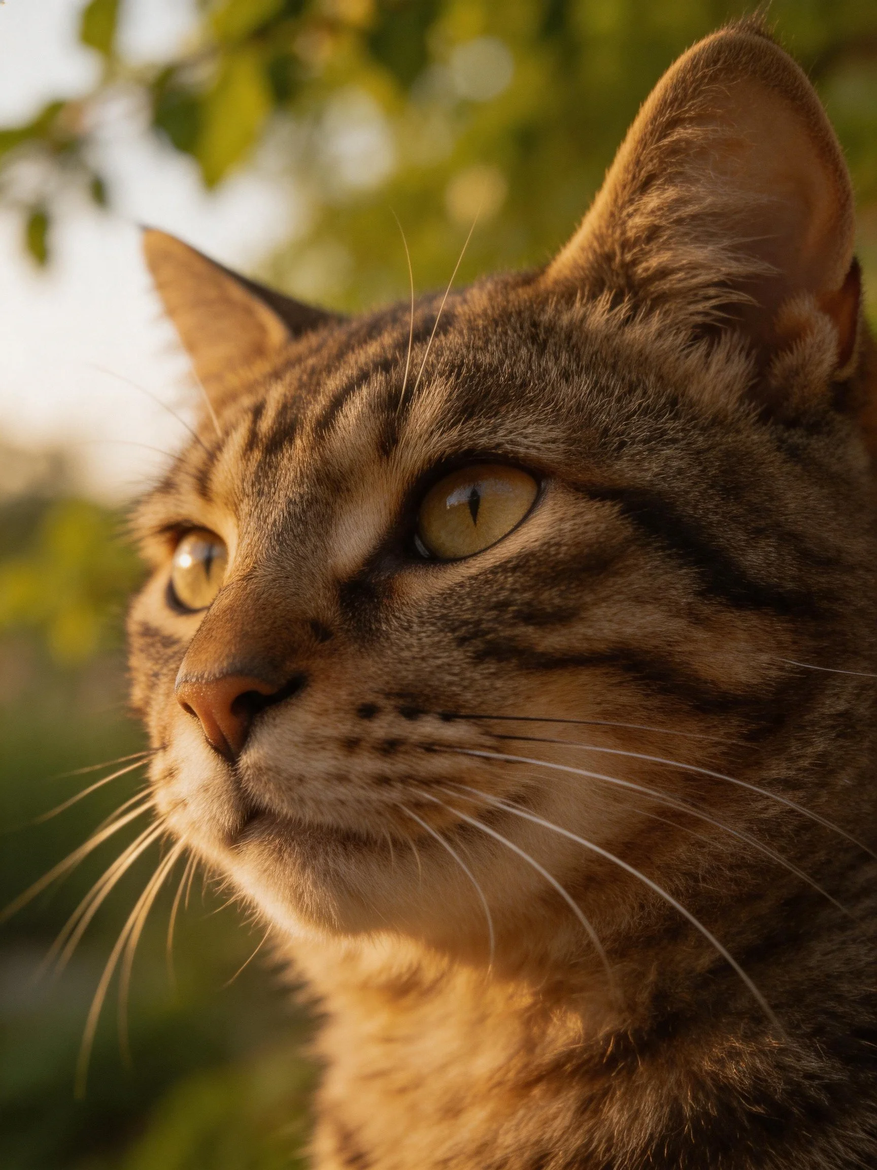 A close-up of a brown tabby cat gazes outdoors in warm light.