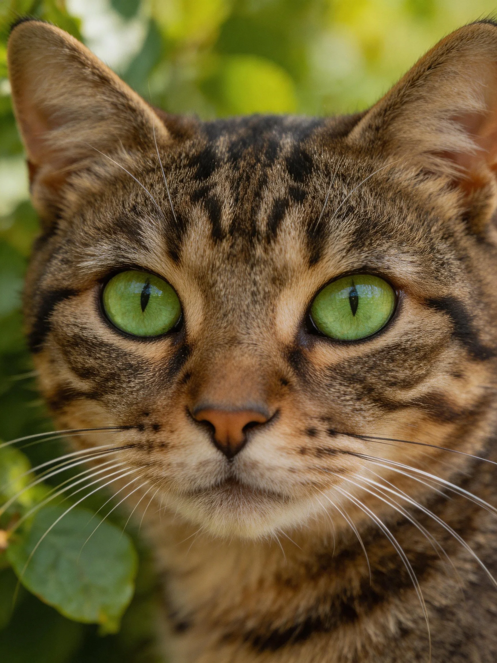 A close-up captures a brown tabby cat with bright green eyes in a leafy outdoor setting.