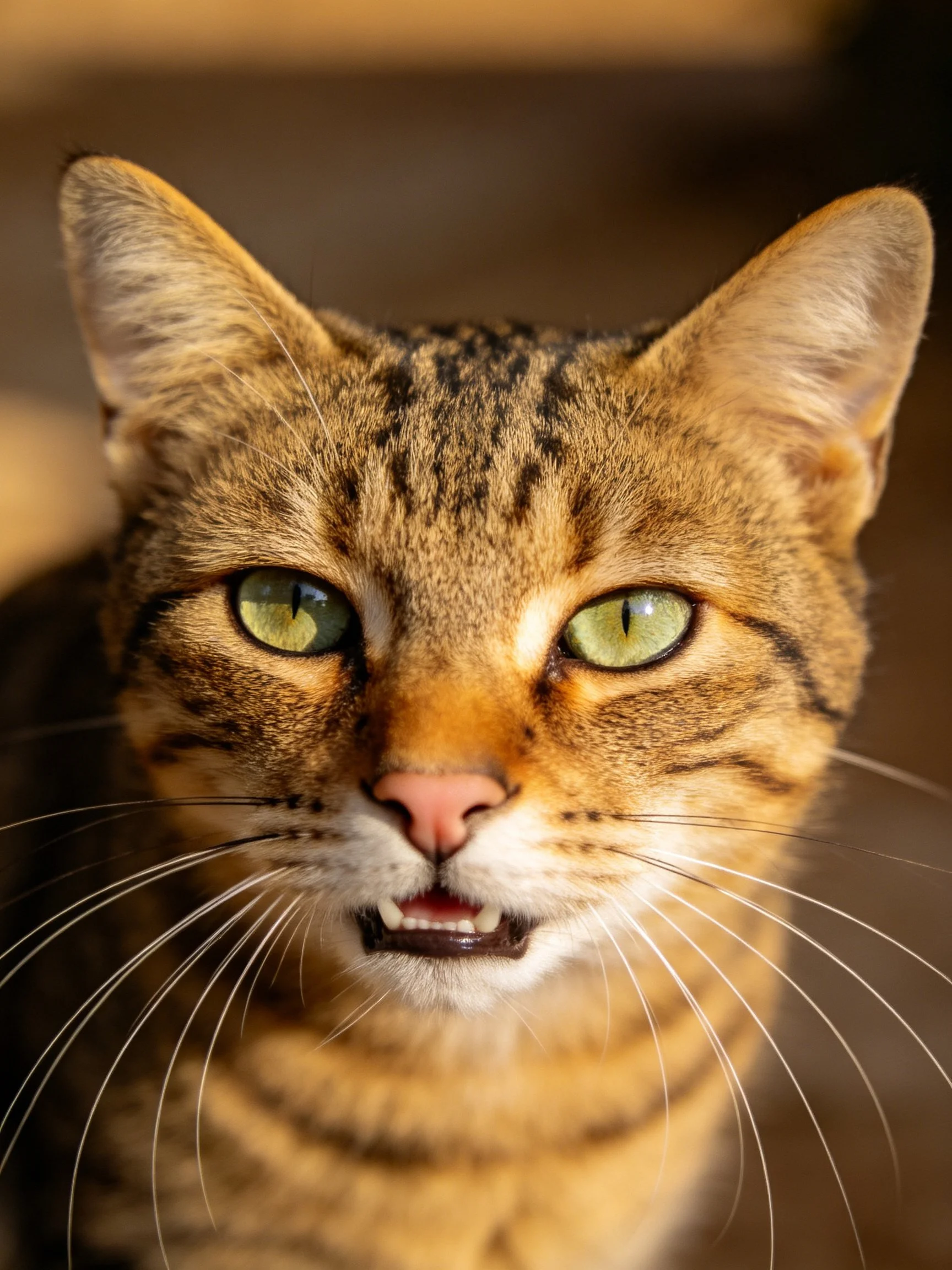 Close - up of a brown tabby cat with bright green eyes